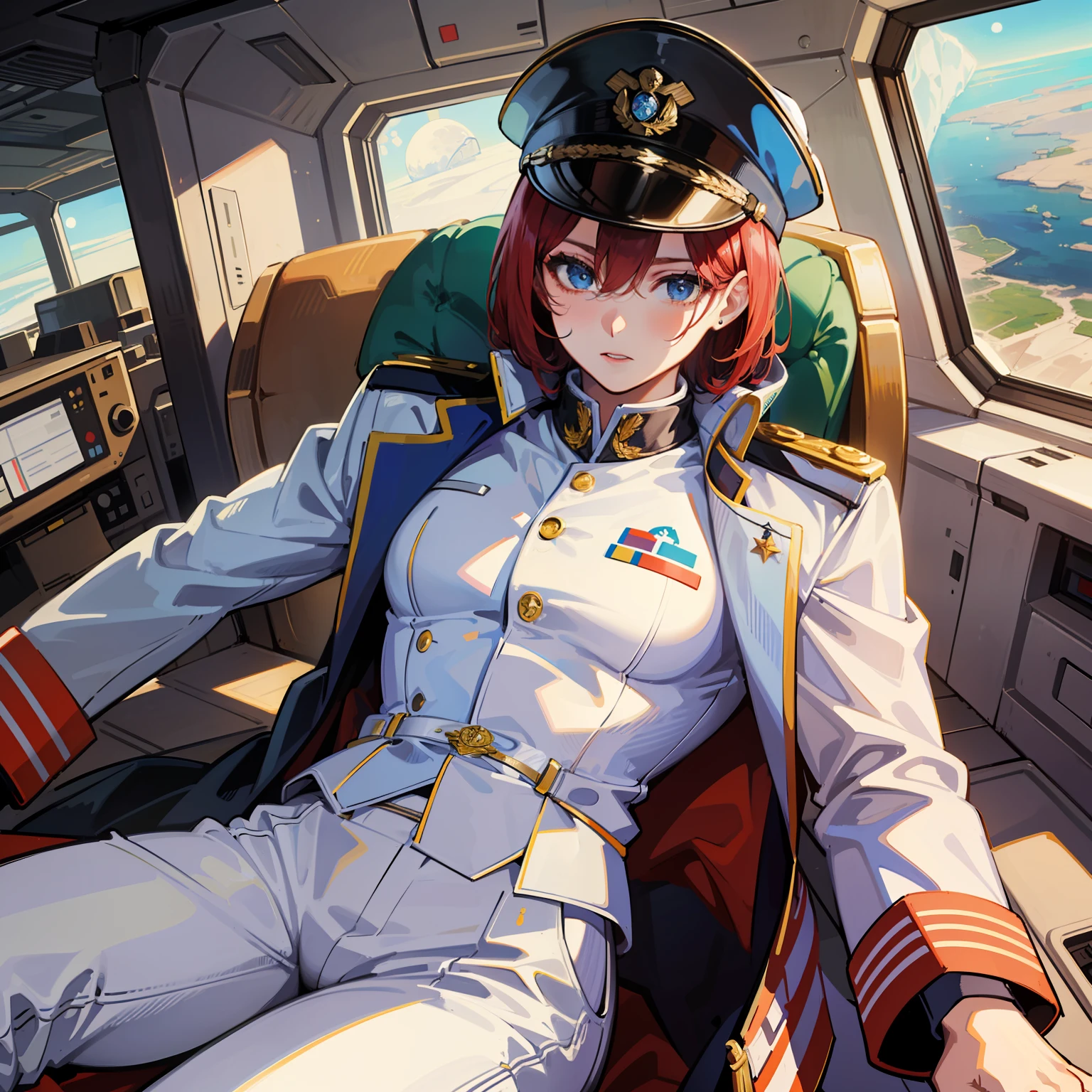((Masterpiece)), ((Highest Image Quality)), ((Best Quality)), (Illustration of One Girl), Full Body, 25 Years Old, Short Red Hair, (Thin Hair on Both Sides of Face), Blue Eyes, (((Tall)), ((Muscular Strong Body)), ((Manspreading)), Open Legs, (((Military Uniform)), (Military Hat)), (Military Coat)), (White Clothes), (White Pants), (White Hat), Trench Coat, ((Inside the spaceship, sitting in the captain's seat)), (outside the window, space, Earth seen from space, spaceport)