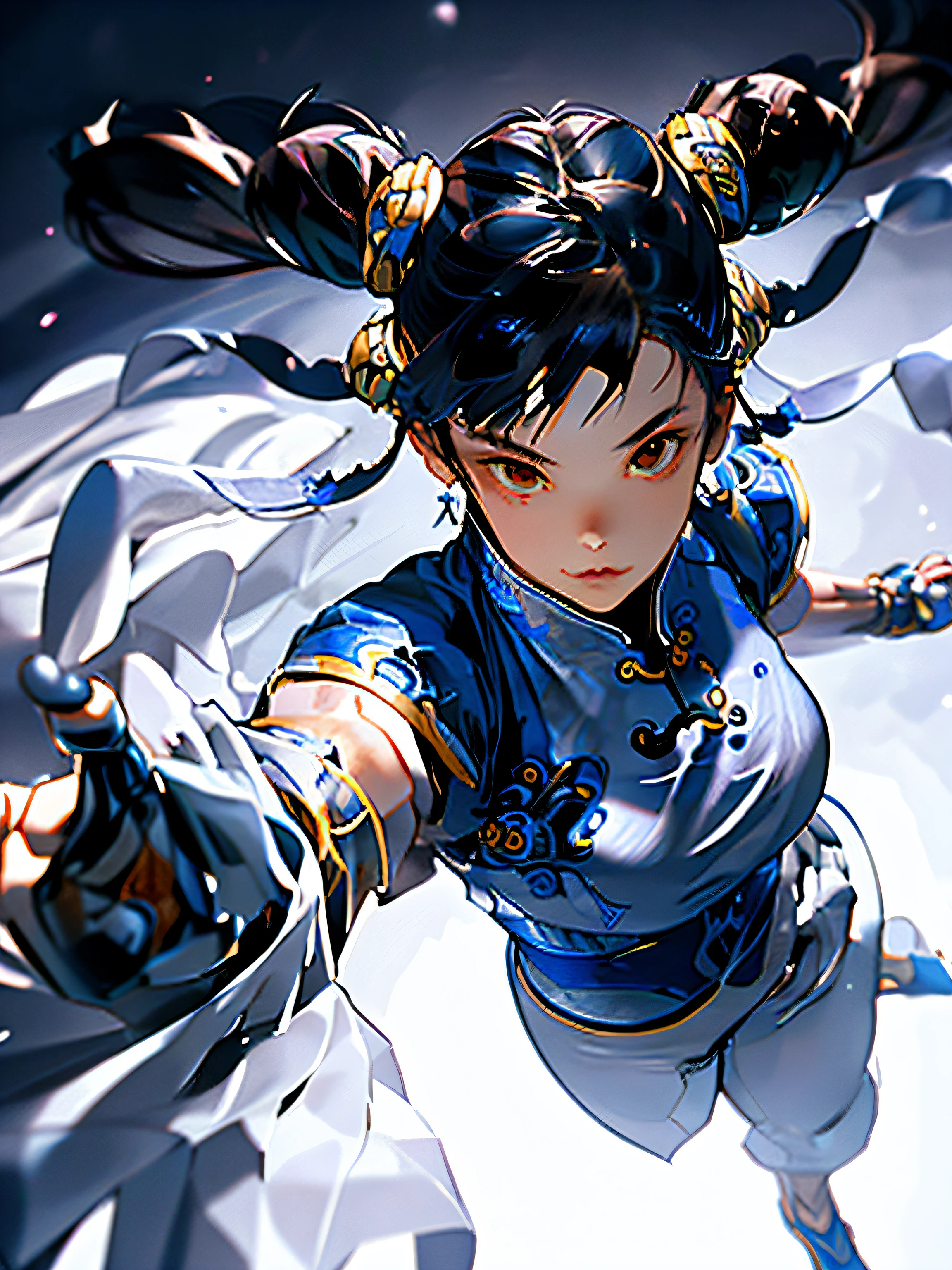 (Chun-Li Street Fighter: 1.5), spinning kick, solo, Chinese cityscape, detailed beautiful face, angle from below, masterpiece, 8K, (dynamic shot: 1_5), full body, symmetry, oil painting, Borminette lighting,