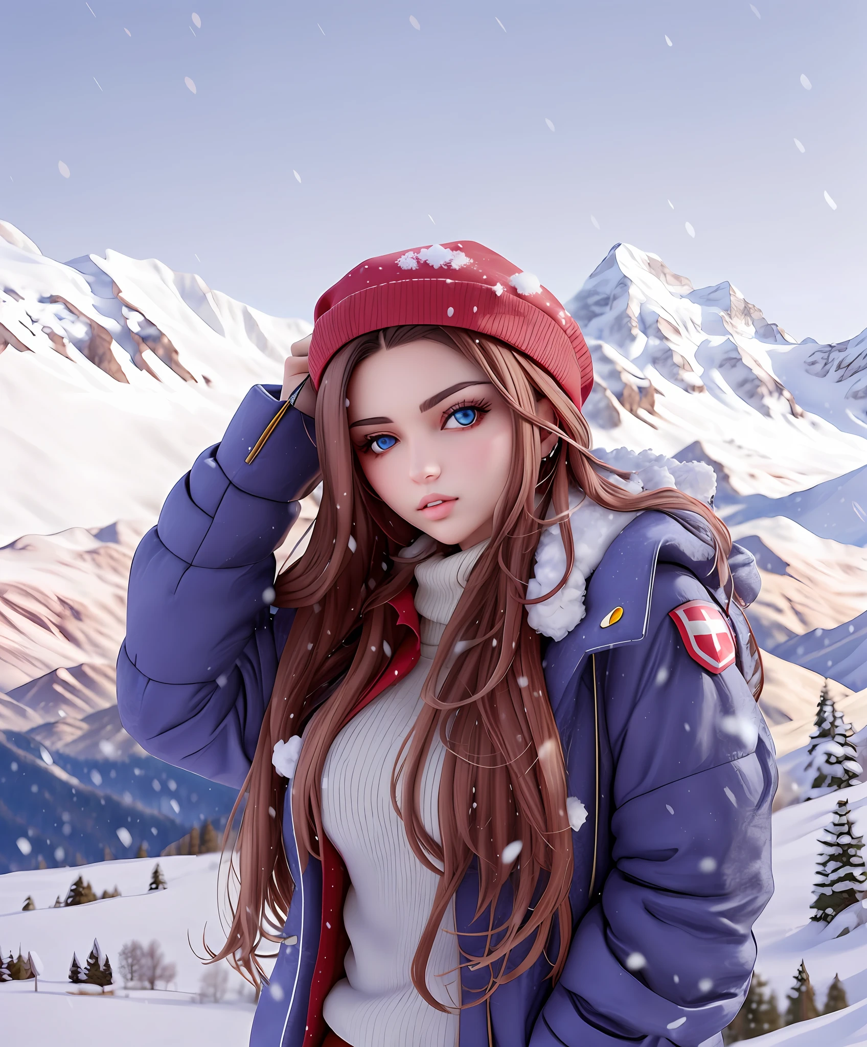 Raped woman with long hair with blonde locks, blue eyes,sexy look, seductive look, wearing a red cap and coat, only snow i the background, in the mountain, in the mountains, in the snow, in the snow mountains, in the Swiss Alps, in the mountains, beautiful young woman, juicy and beautiful lips, large and full breasts, portait of Haifa Wehbe, girl of the Alps, cold as ice! 🧊 , mountaintop, snowing