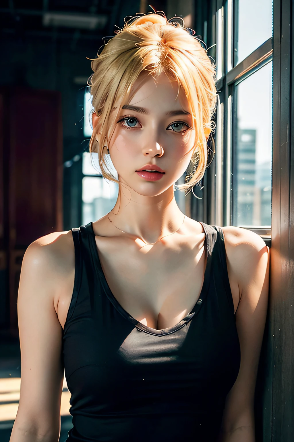 22-year-old woman, (high top fade: 1.3), long hair, dark theme, soothing tones, muted colors, high contrast, blonde (natural skin texture, hyperrealism, soft light, sharp), blonde, (white tank top), big, cleavage, skyscraper