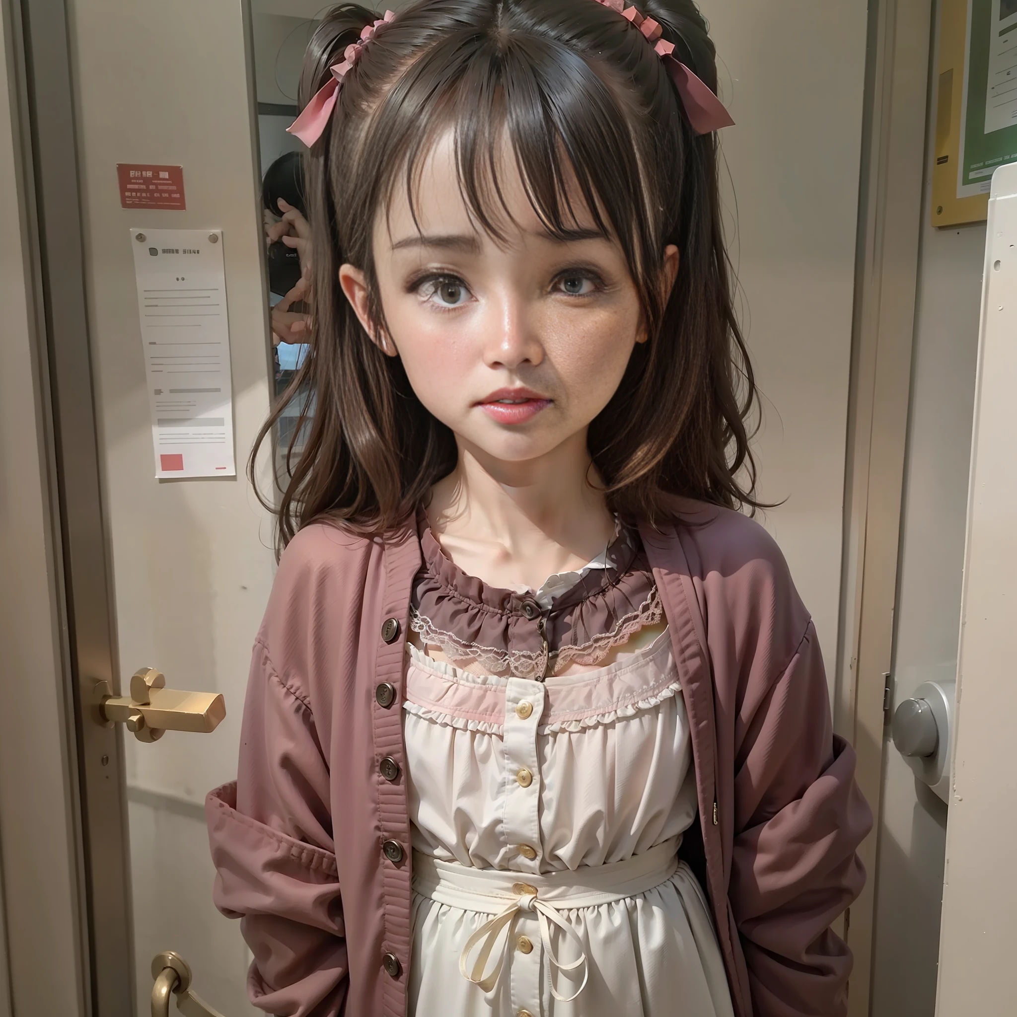 10 year old girl, front, looking here, standing,
