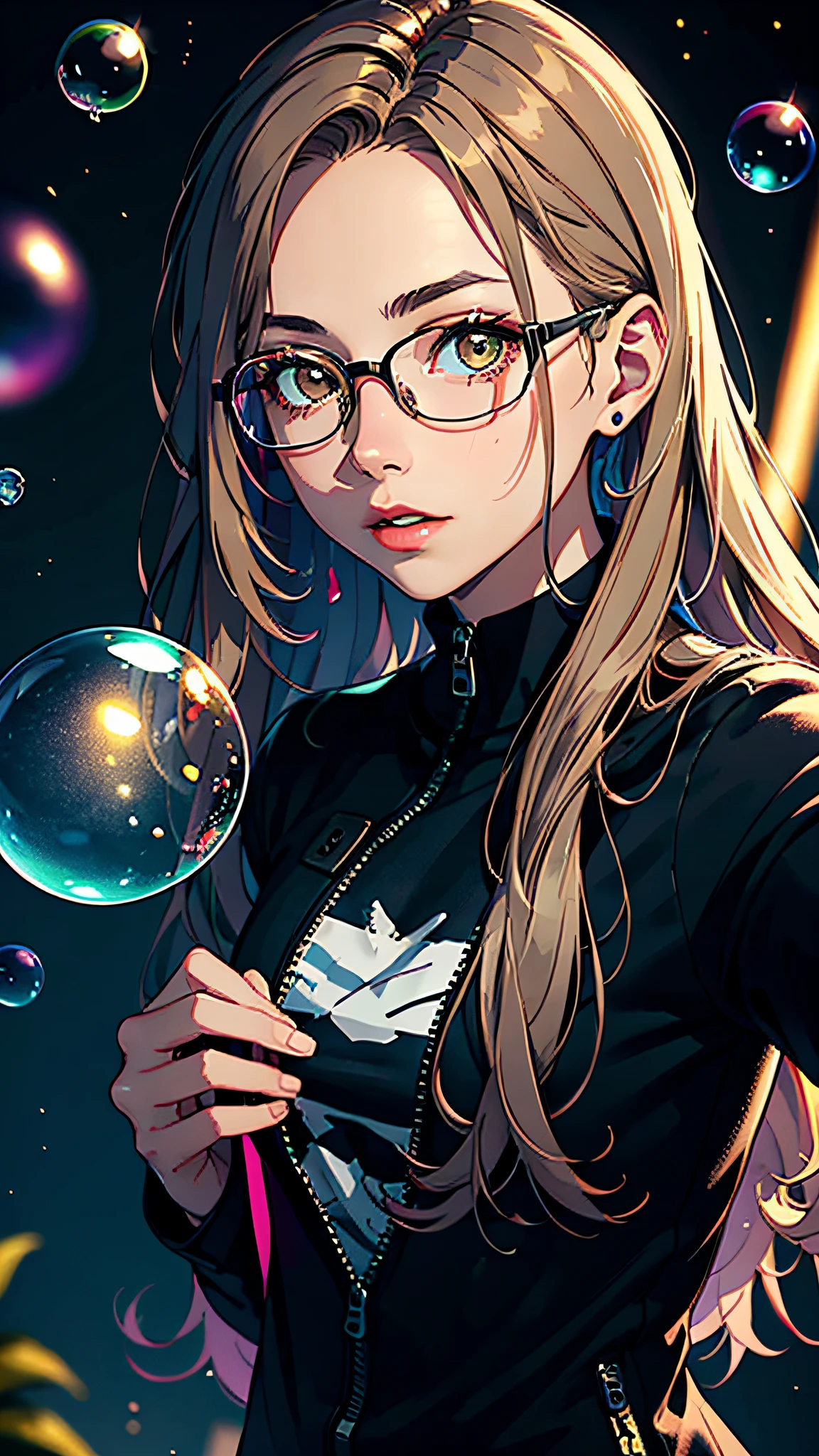 There is a woman with long hair, 18 years old, 8K selfie photography, long hair, front photo, light brown eyes, eyeglasses, detailed, splash colors, (hallucinating colorful soap bubbles)