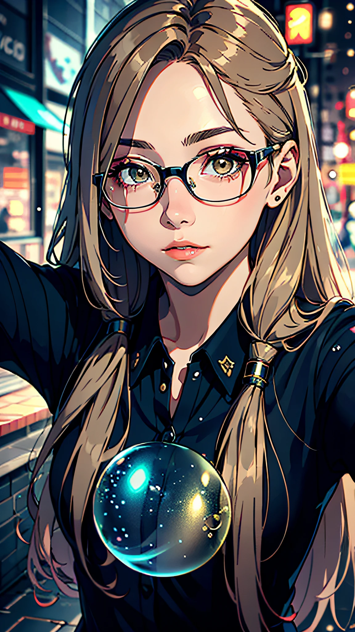There is a woman with long hair, 18 years old, 8K selfie photography, long hair, front photo, light brown eyes, eyeglasses, detailed, splash colors, (hallucinating colorful soap bubbles)