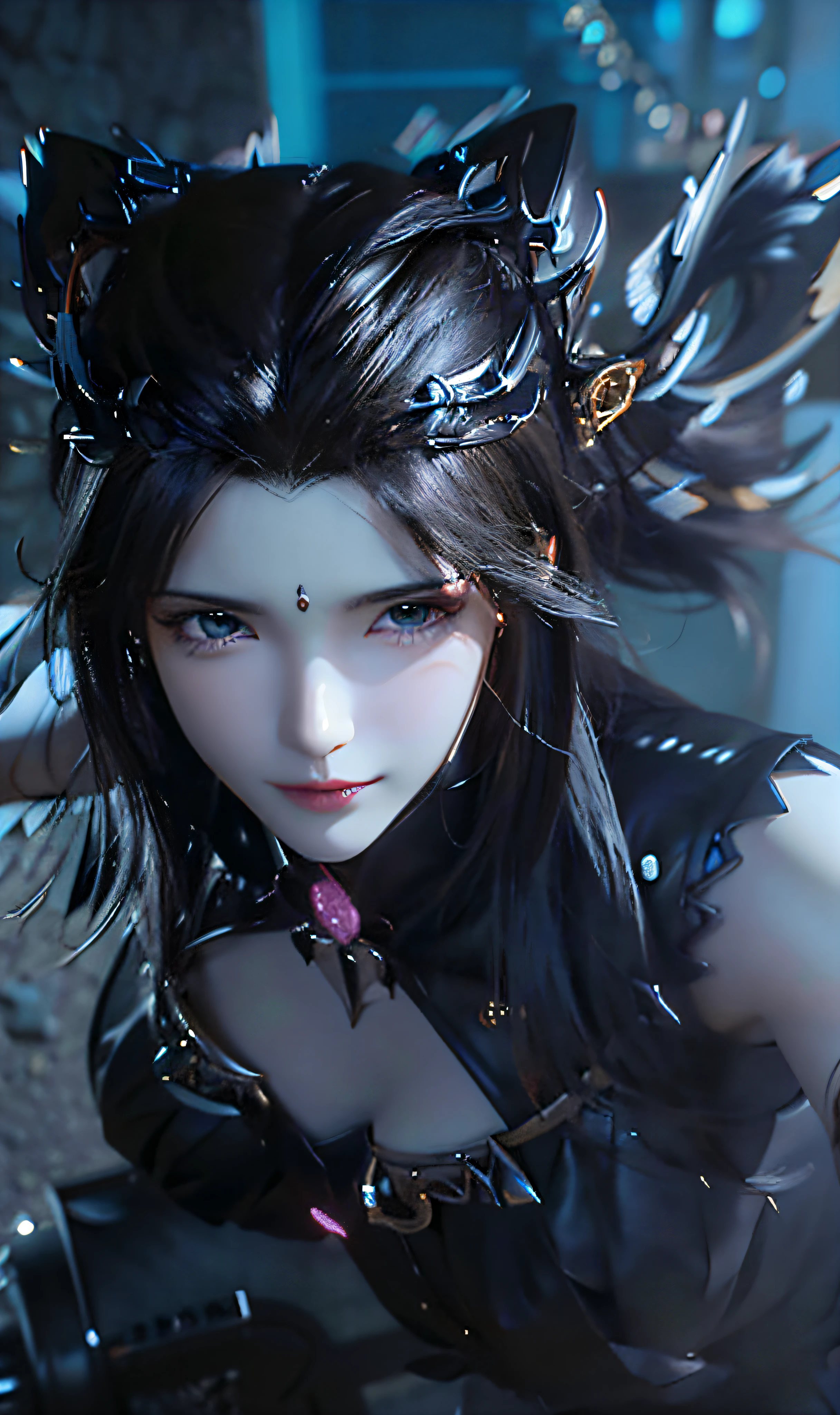 a close-up of a woman dressed in black posing for a photo, Artgerm; 3D Unreal Engine, smooth anime CG art, 8K high quality detail art, 3D rendered character art 8K, extremely detailed art, portrait knight of zodiac girl, fantasy art style, 2. 5 D CGI Anime Fantasy Art, Gothic Shoujo Anime Girl, ((Need for Beauty)), ((Feminine and Sexy)), ((Perfect Face)), ((Delicate Facial Features)), ((Beautiful Eyes, Meticulous Depiction, Close-up)), ((Pointed Nose))