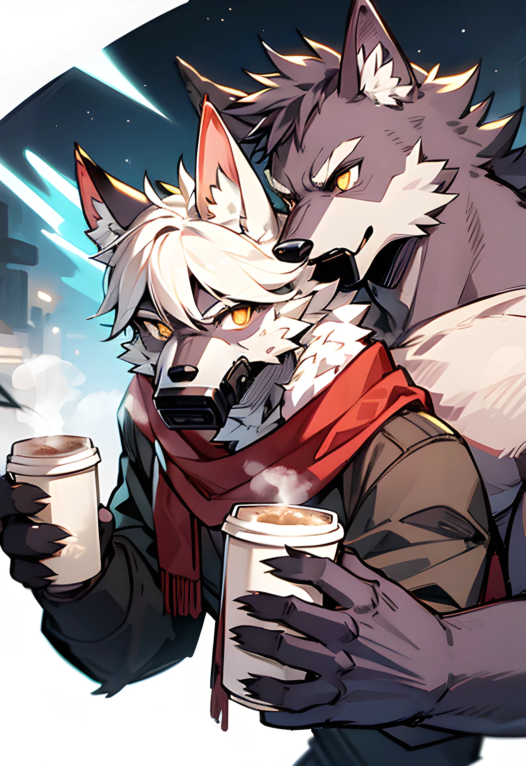 Anime characters wearing gas masks and red scarves, anthropomorphic wolf male, human wolf face, anthropomorphic coyote male, anthropomorphic wolf, furry character portrait, anthropomorphic wolf, human wolf, half-headshot, anthropomorphic wolf, furry fleur, furry character, wolf fluffy, coffee-colored fur, glowing fur, furry, night, glowing fur, orc, furry, werewolf, full body diagram, accessories, cute, two-dimensional, replenished to the whole body, frontal, flesh, slender body type