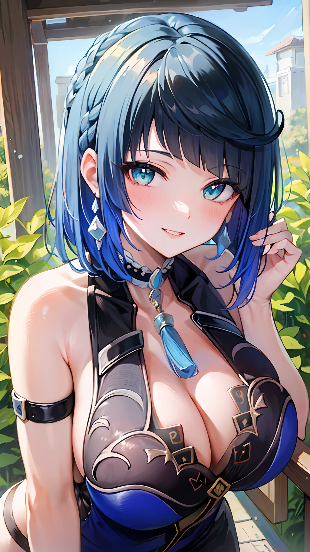 ((Masterpiece, Best Quality)), (1 Girl), ((Mature Female)), Blue Hair, Bangs, Mid-chest, (Plump), Slim, Smile, [Wide Buttocks], Bare Shoulders, Outdoor, Hands Stretched Over the Head