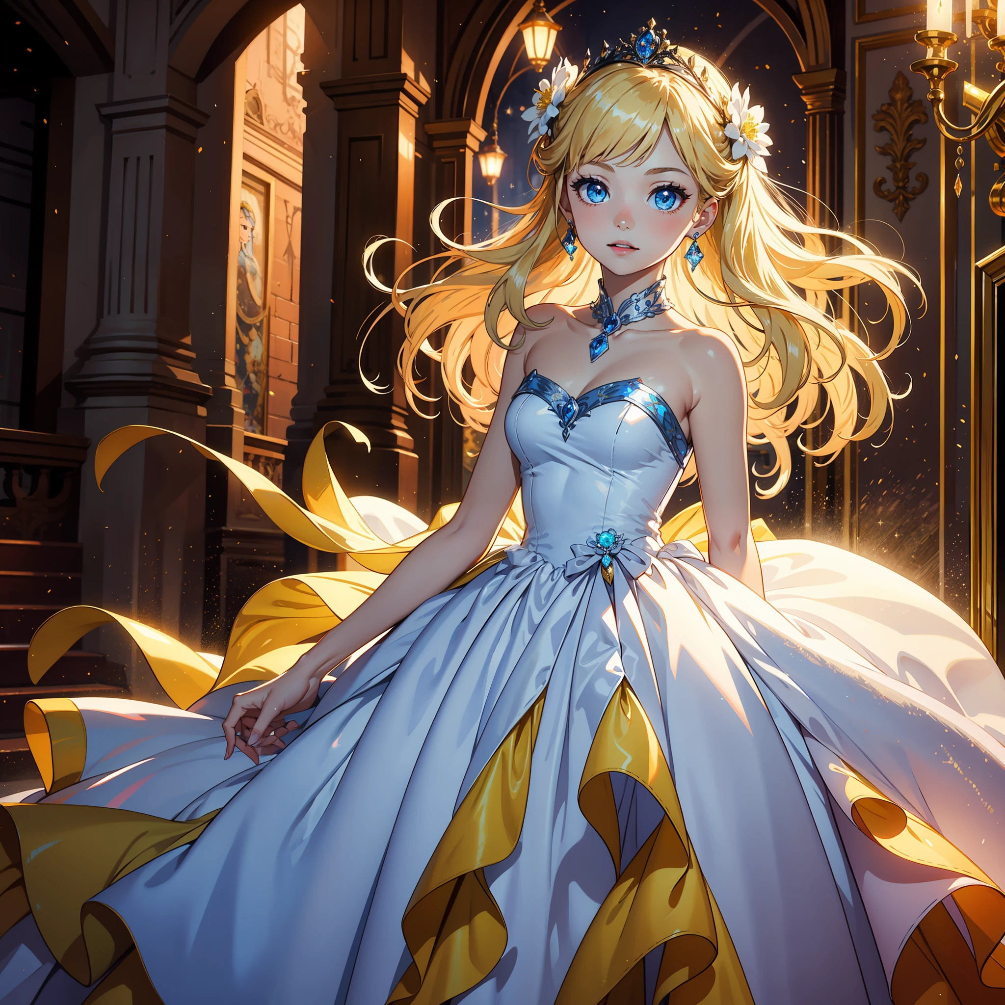 Top quality, super high resolution, photo, ultimate beauty, bright beautiful cute beautiful girl photo, belle from beauty andthe beast, detailed face, (PureErosface_V1:0.008), shiny white beautiful glossy skin, ball gown, princess, , beautiful blonde, beautiful bangs, silky super long straight hair, shining big beautiful light blue eyes, yellow long gown