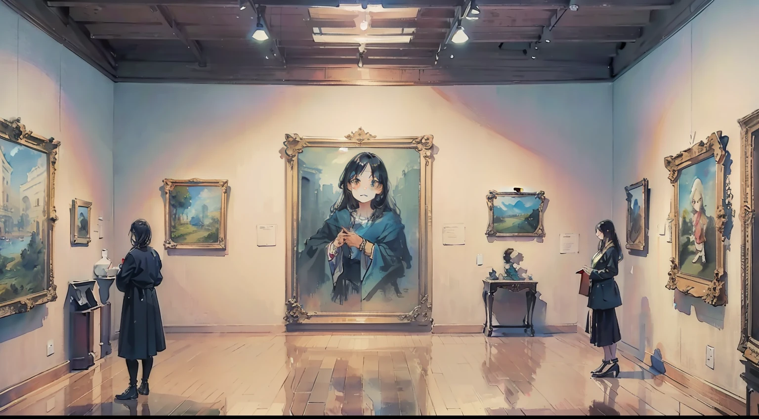 Watercolor, Museum of Contemporary Art, in a building, few people, portrait