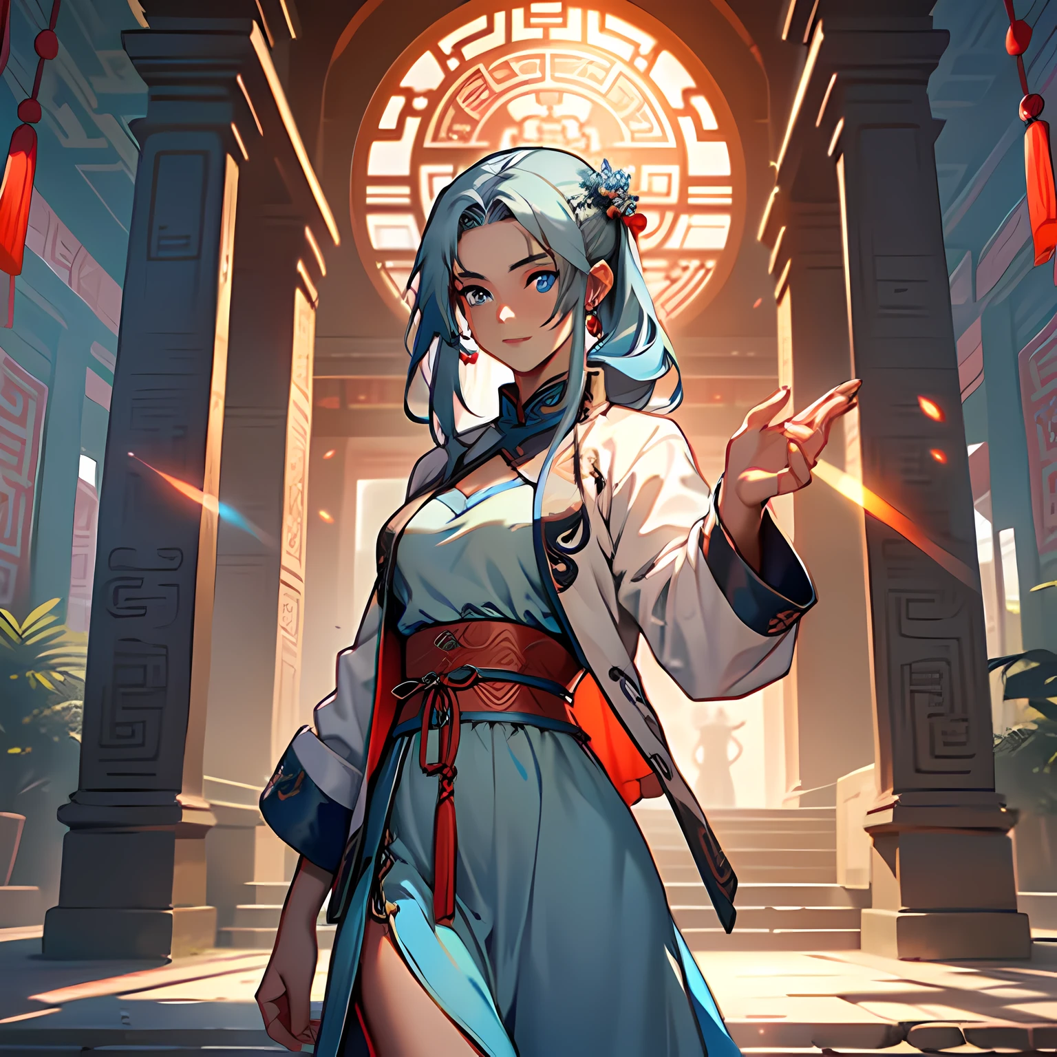 18. (1 person) ((((agirl))), (((Blue Eyes))),(((Long Blue hair))),Light blue dress with white light gauze jacket, young woman graceful and dignified,'s eyes are touched) (background: in the sacred, resplendent palace hall of ancient China).