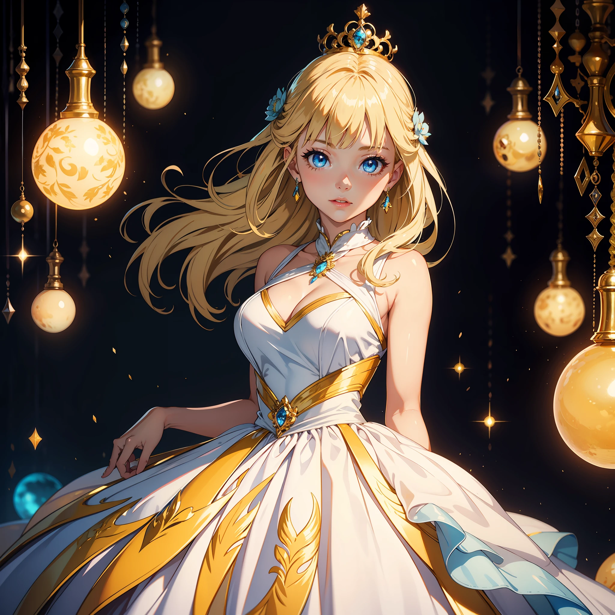 Top quality, super high resolution, photo, ultimate beauty, bright beautiful cute beautiful girl photo, belle from beauty andthe beast, detailed face, (PureErosface_V1:0.008), shiny white beautiful glossy skin, ball gown, princess, , beautiful blonde, beautiful bangs, silky super long straight hair, shining big beautiful light blue eyes, yellow long gown