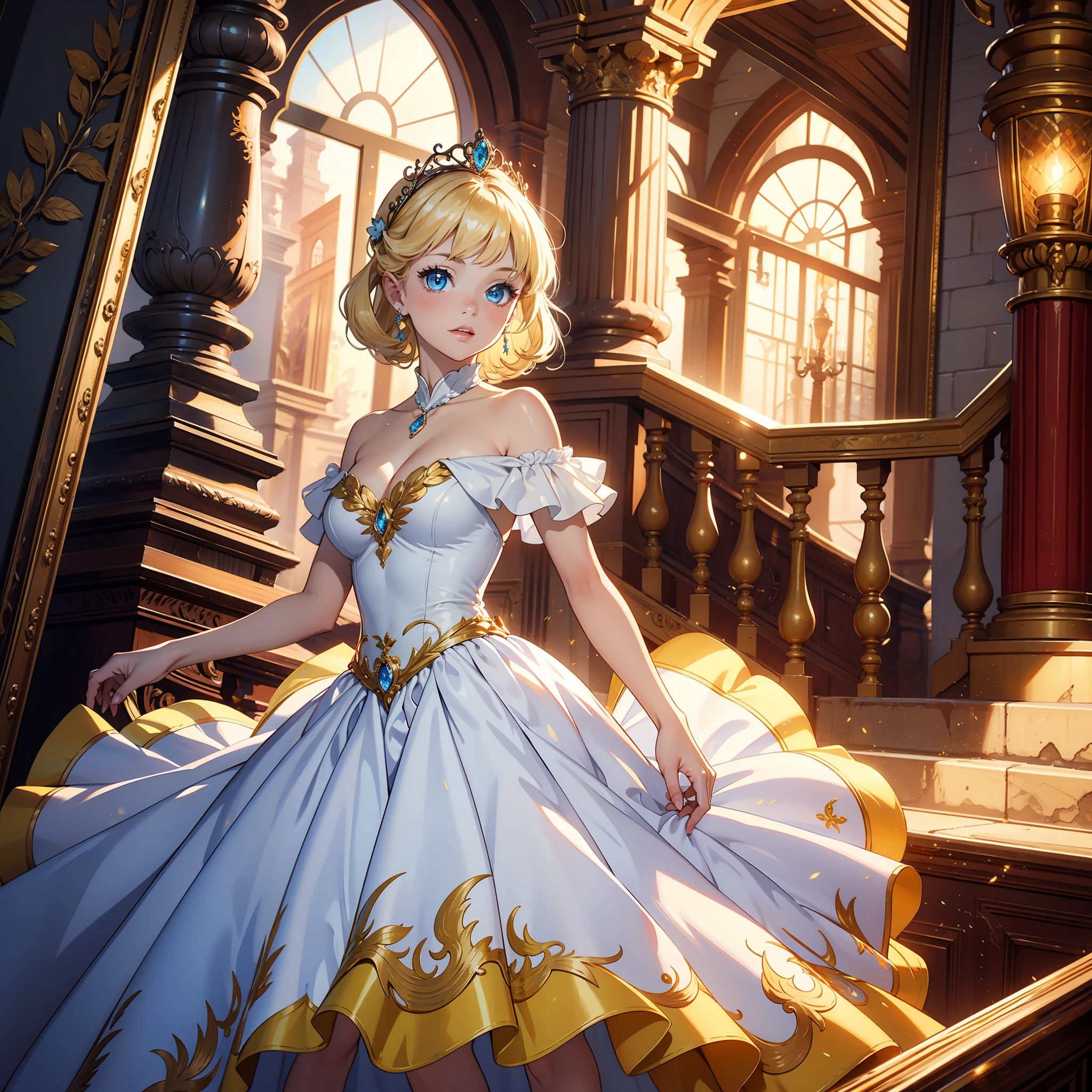 Top quality, super high resolution, photo, ultimate beauty, bright beautiful cute beautiful girl photo, belle from beauty andthe beast, detailed face, (PureErosface_V1:0.008), shiny white beautiful glossy skin, ball gown, princess, , beautiful blonde, beautiful bangs, silky super long straight hair, shining big beautiful light blue eyes, yellow long gown