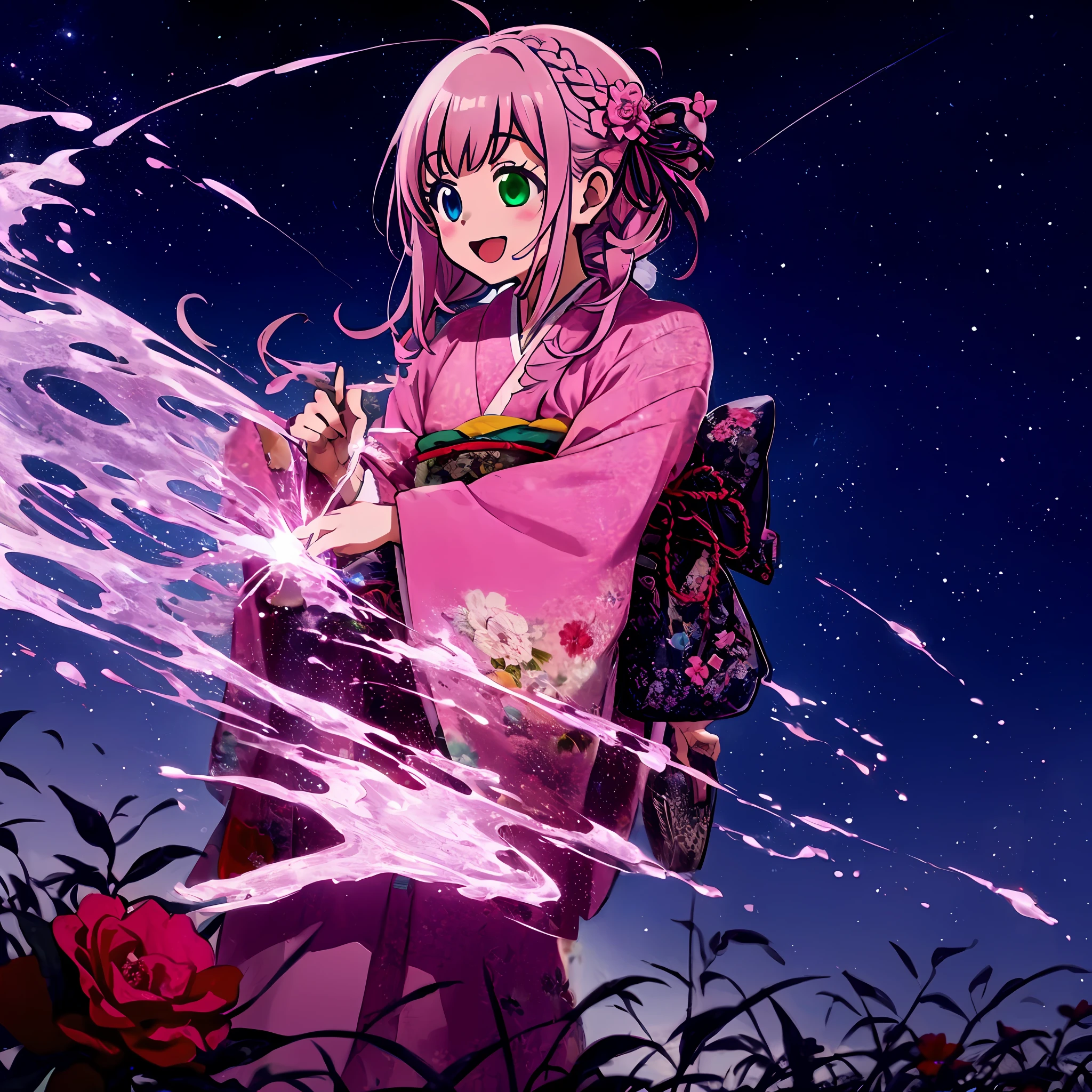 In the glowing meadow, one girl, Solo,,{heterochromia,pale blue eyes,pale green eyes:1.5}, silhouette of star eyes, standing figure, happy, :d, break ((pale pink hair, braid, semi-long hair, ribbon: 1.5)), thinning hair, break, big, red flower kimono, open mouth, looking up at the sky, Milky Way, bystander surrounded by enchanting sights. Break The vast open field comes to life with a soft glow, illuminating the surrounding landscape. (Dynamic Angle: 1.2), Break