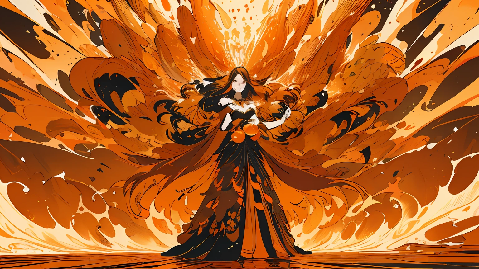 (flat color :1.4),(colorful:1.2),(((masterpiece))),(((bestquality))),((ultra-detailed)),(illustration),((anextremelydelicateandbeautiful)), 1 woman,(orage color theme:1.5),light leaks,strong wind,orange background,holding oranges between hands,detail face,standing,beautiful face,oranges floating in the air,light bloom,surreal