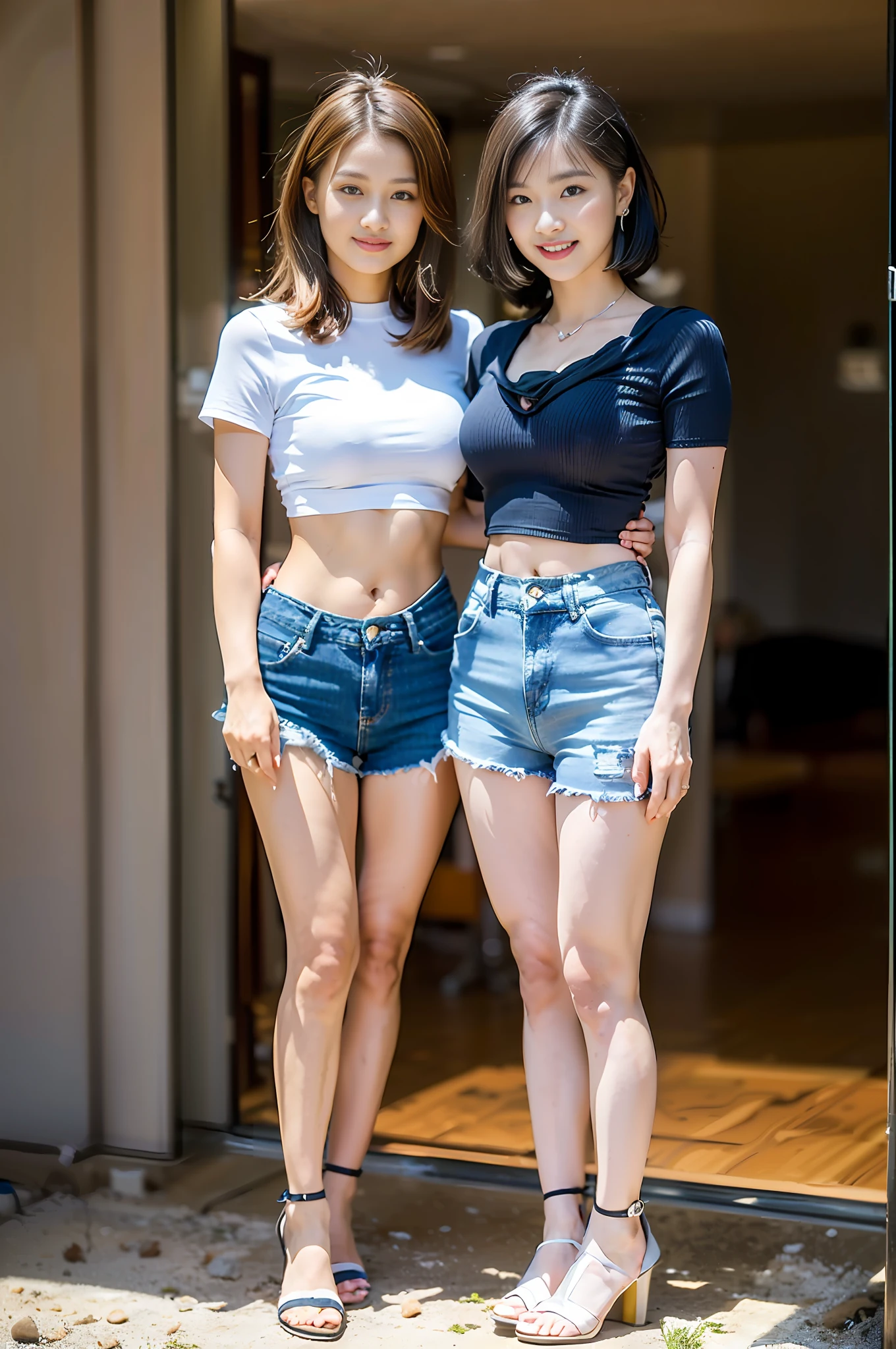 2 girls shooting, sister flowers, (sexy pose, seductive pose, realistic, realistic, 16k HD, masterpiece: 1.5, focus: 1.8), 2 cute pretty girls, girl 1keke and girl 2aiai, girl Keke ((([in crop top tight denim shorts and sheer shirt]), cute schoolgirl, slim perfect, (fashion short hair, medium distribution, straight hair: 1.5), Japanese girl 18 years old, (wearing skinny denim shorts, leggings), (low-rise crop top: 1.5), [(realistic details brand denim shorts: 1.2)], wearing stylish sheer tight short sleeves, sheer top (brand: 1.5, slim, realistic sheer: 1.5, transparent: 1.5, bare breasts and bulge: 1.5), round white calves: 1.2, wearing stiletto heels (delicate stiletto heels with crystal straps, high quality: 1.2)), girl aiai[((wearing a crop top and crop top, short skirt, tight denim skirt (hip skirt), Tight skirt and sheer shirt], cute schoolgirl with slim figure, (fashion shawl hair, straight hair: 1.5), Japanese 18 year old girl, [(wearing denim skirt, denim skirt, tight skirt: 1.2), (low-rise crop top: 1.5)], (realistic details high-end brand short skirt, hip skirt, denim skirt: 0.8), wearing fashion sheer tight short sleeves, Transparent top (brand: 1.5, slim, realistic viewing angle: 1.5, transparent: 1.5, bare breasts and areola: 1.5), round white and tender shiny calves: 1.2 wearing stiletto heels (delicate stiletto heels crystal band sandals, high quality: 1.2))), surreal schoolgirl, dressed up as schoolgirl, surreal schoolgirl, realistic schoolgirl, schoolgirl pose, model pose, shoot full body ((full body: 1.8)), beautiful skin, glowing skin, slim beautiful thighs, Perfect thighs: 1.0, perfectly round calves: 1.0, fair and tender toes: 1.0, beautiful breasts: 1.5, beautiful breasts: 1.5, beautiful buttocks: 1.5, upturned buttocks: 0.7, best quality, fair skin, real skin, (detail face), goose egg face, pores, super resolution, (8k, raw photo, realistic: 1.4), 1 girl, slim, (smile, teeth and tongue: 1.2, happiness: 1.2), (eyes, lip gloss, face, Super real