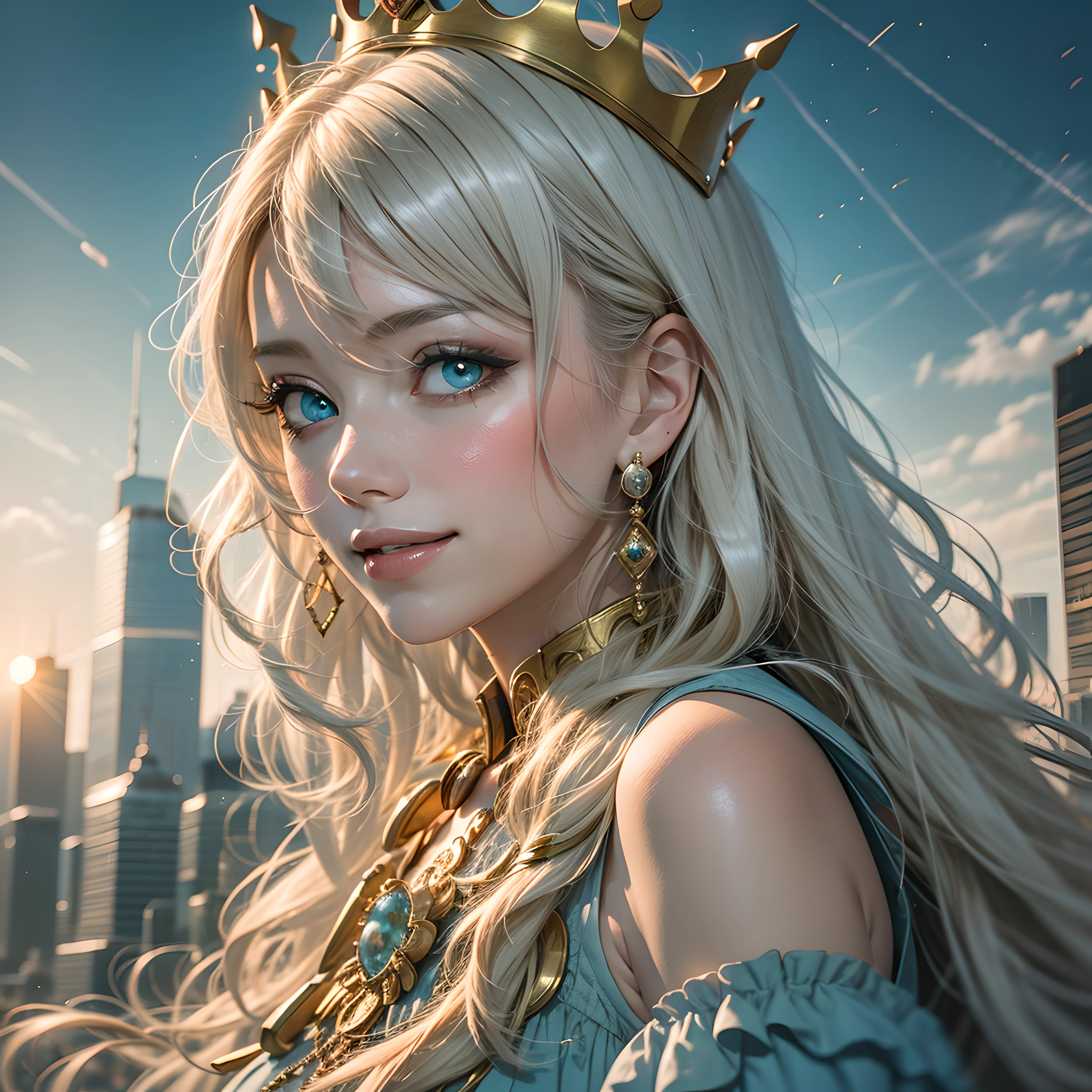 portrait, long white hair, one eye green, one eye blue  smiling, long blue dress, golden crown, sunrise with large city background