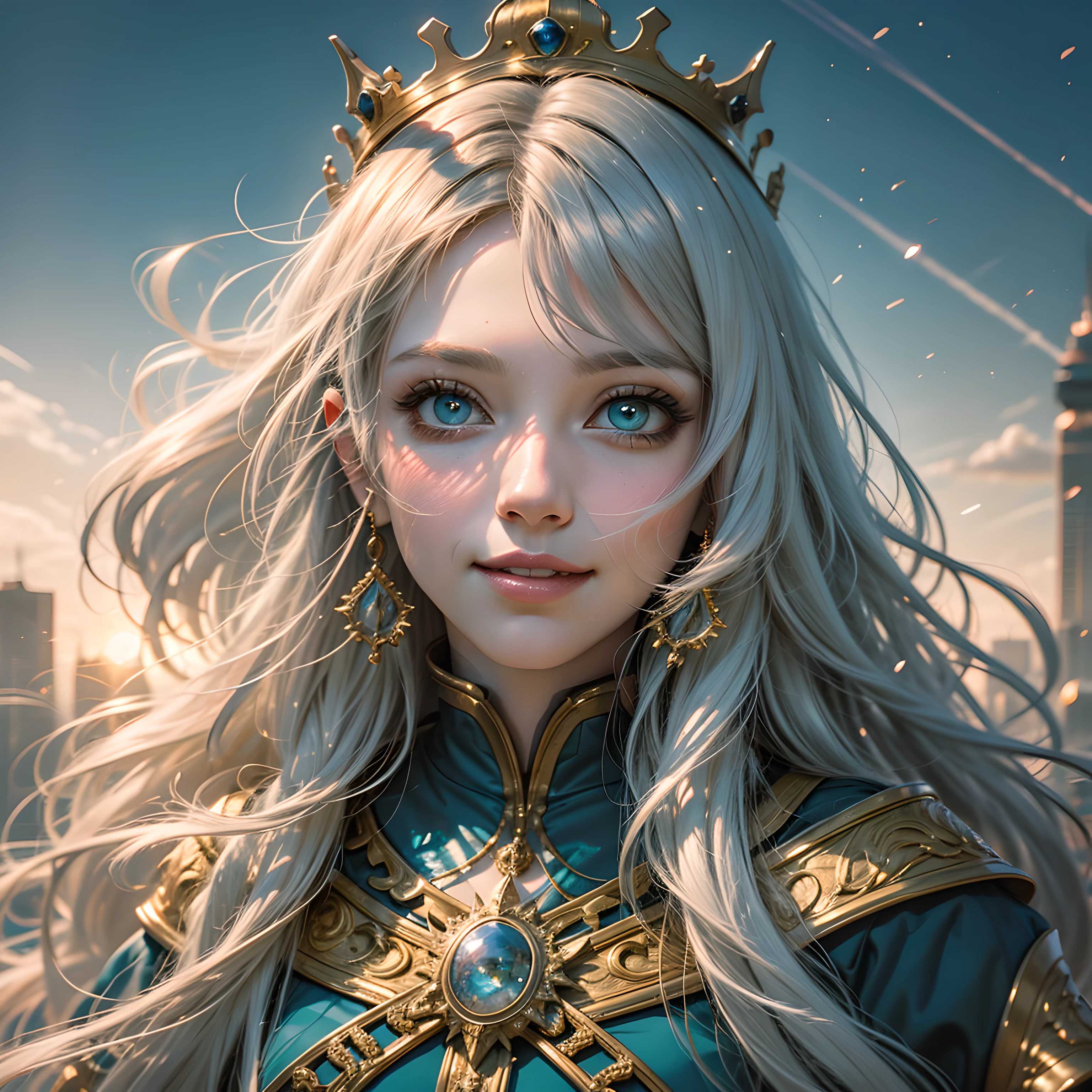 portrait, long white hair, one eye green, one eye blue smiling, long blue dress, golden crown, sunrise with large city background
