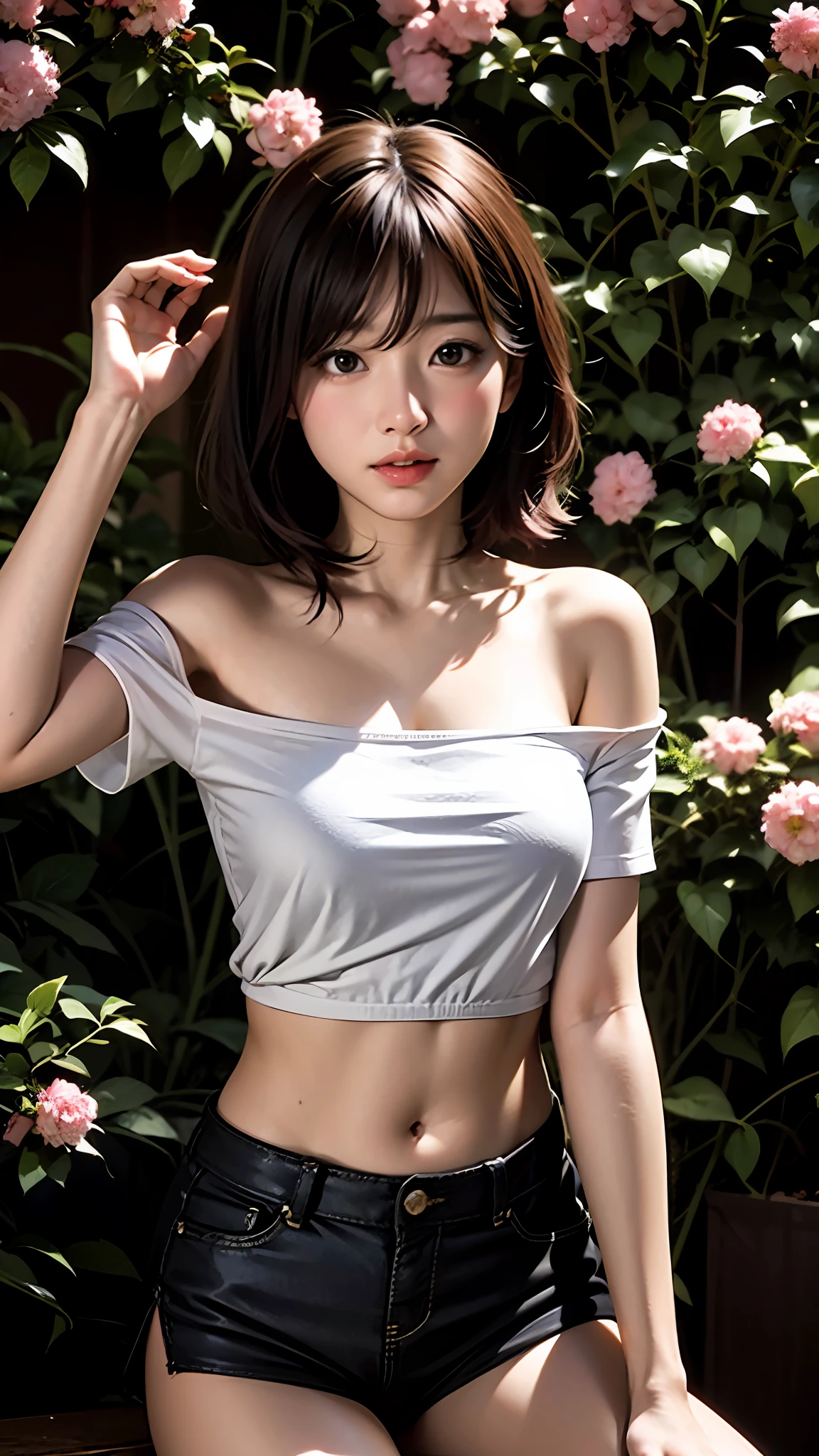 An Araki Asian woman stands among the flowers, wearing a one-shoulder top with short sleeves and transparent shorts on the bottom