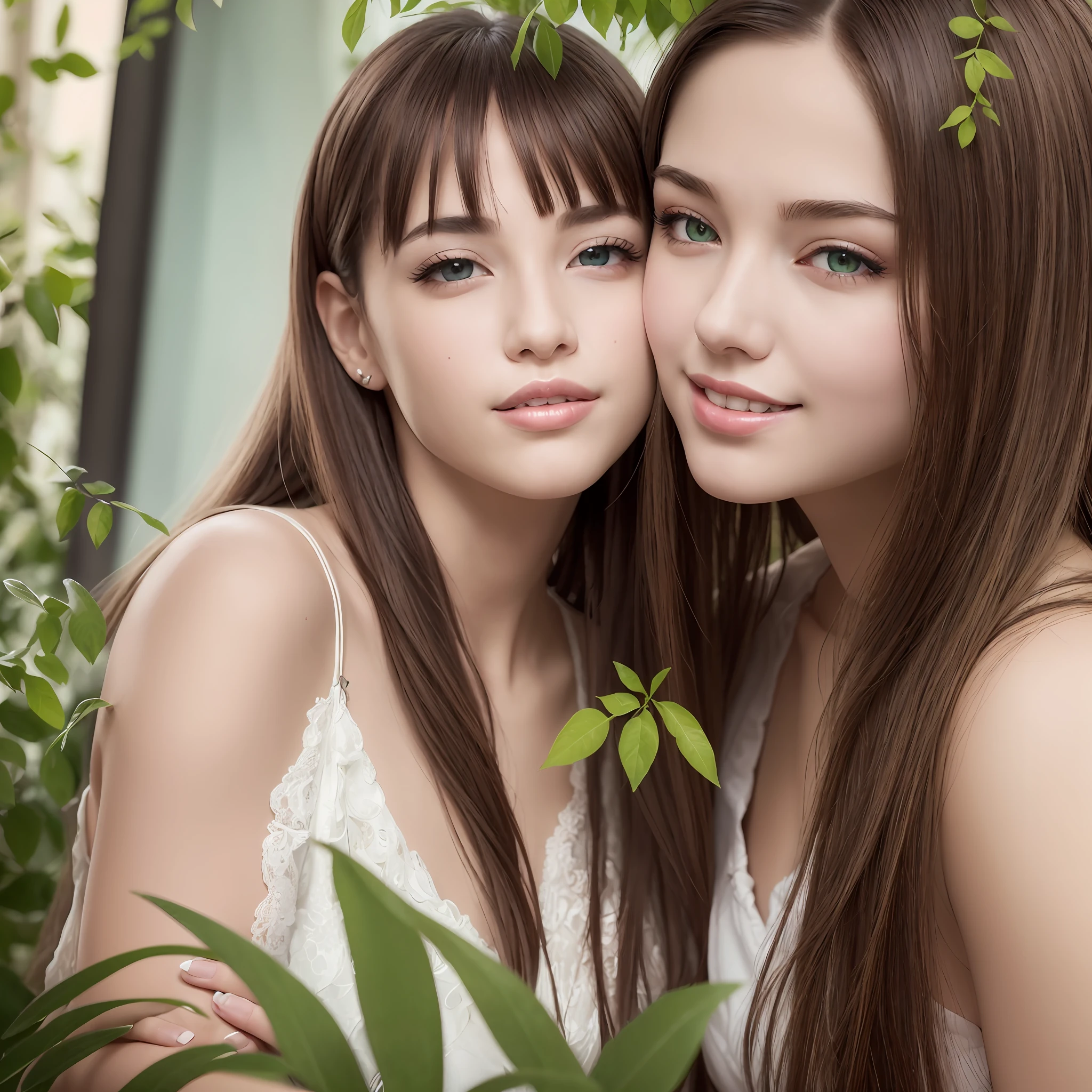 (8K), (Best Quality), (Masterpiece:1.2), (Real), (Photorealistic:1.37), Ultra Detail,(Kiss),2 Girls,Cute,Smile,long_hair,Green Plant,Beautiful Detailed Eyes, Beautiful Detailed Nose, Full Body,Huge,Feminine Long Brown Hair --auto