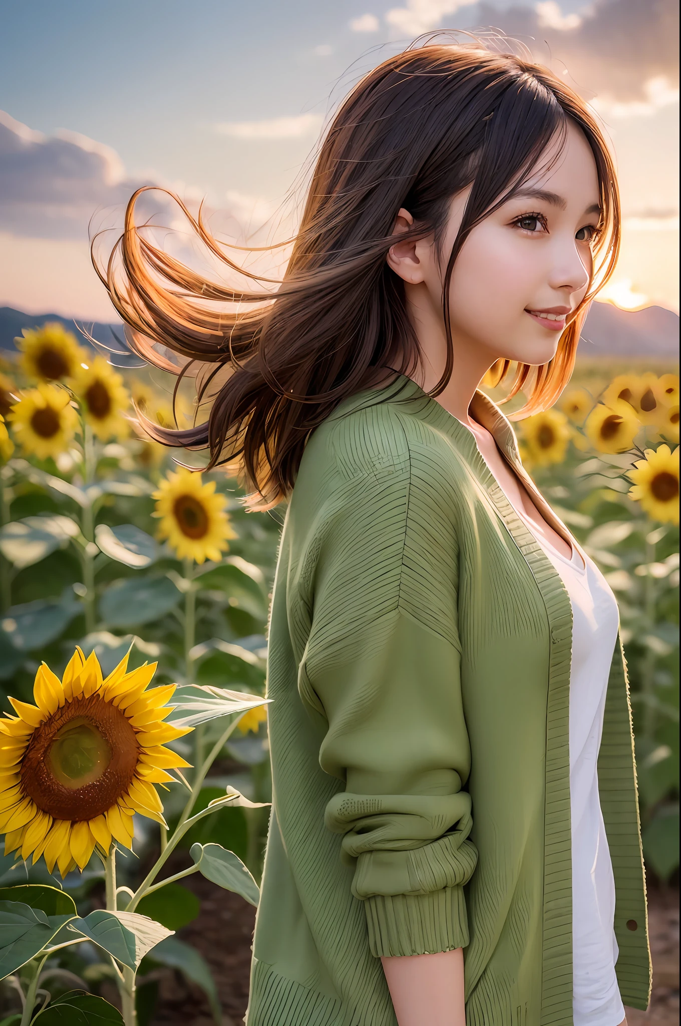 Side view, a girl in a vast sunflower plantation, wearing a green blous and a thin cardigan, looks cheerful and happy, at sunset, there is a golden sunlight penetrating from between her hair floating in the wind. (Masterpiece,realistic,best quality):1.4, delicate photo, intricate detailed, ray tracing, hi-res CG, ultra detailed, 8k wallpaper, unity, artstation, dslr, hi-res photography, best shadow, cinematic light