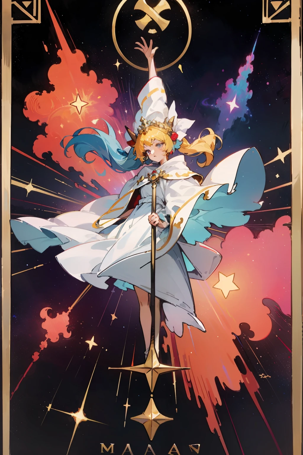 Tarot cards, princesses, maidens, double ponytails, white robes, nebula wrapped, colorful and half-body