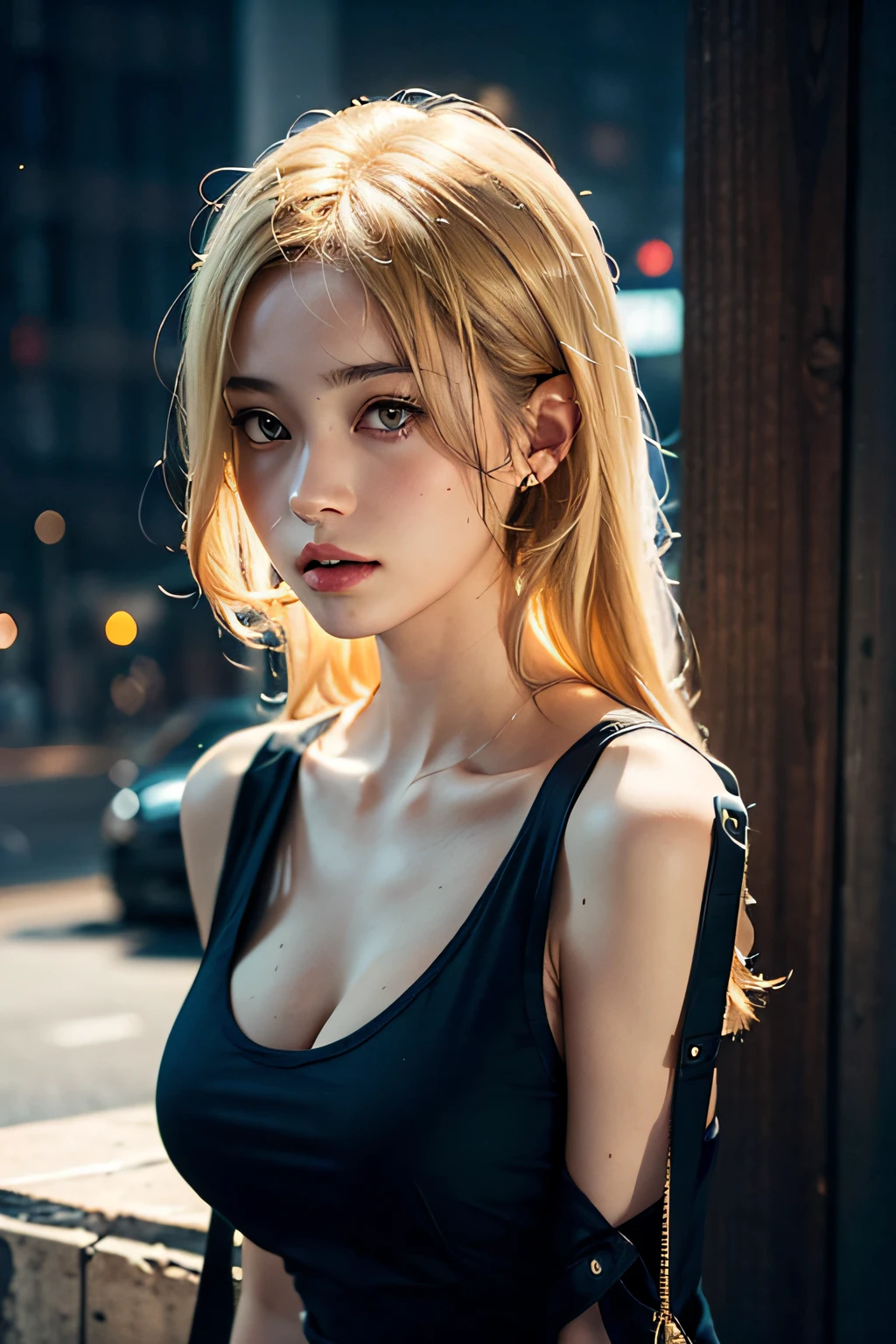 22-year-old woman, (high top fade: 1.3), long hair, dark theme, soothing tones, muted colors, high contrast, blonde (natural skin texture, hyperrealism, soft light, sharp), blonde, (white tank top), big, cleavage, skyscraper