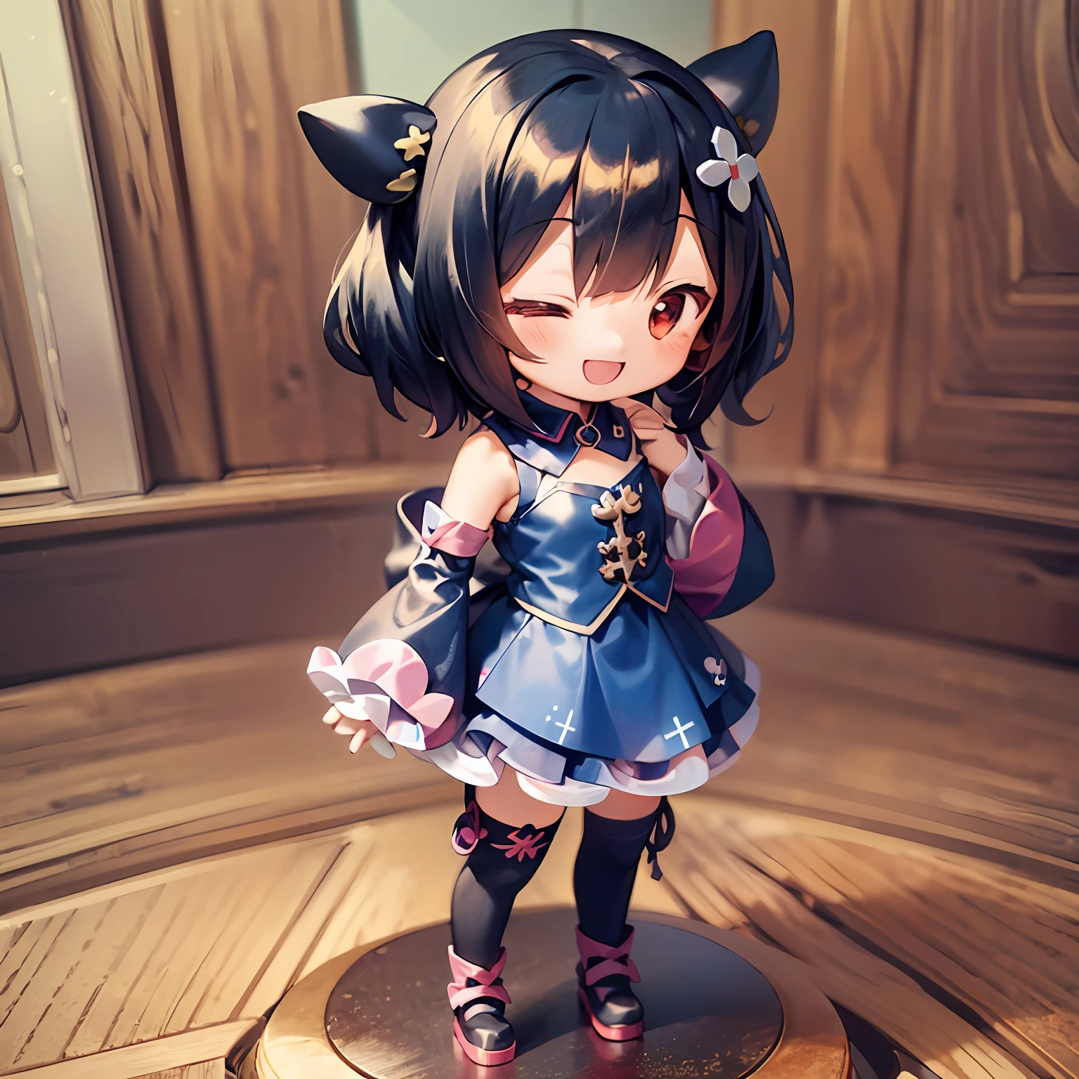 ((masterpiece)), ((((chibi anime)))), 1girl, solo ((((no background)))), xp-tan, black hair, xp hair ornament, detached sleeves, blue skirt, thighhighs(((nendroid))), one eye closed, smile, short cut, fu1fu,charcter doll,chibi