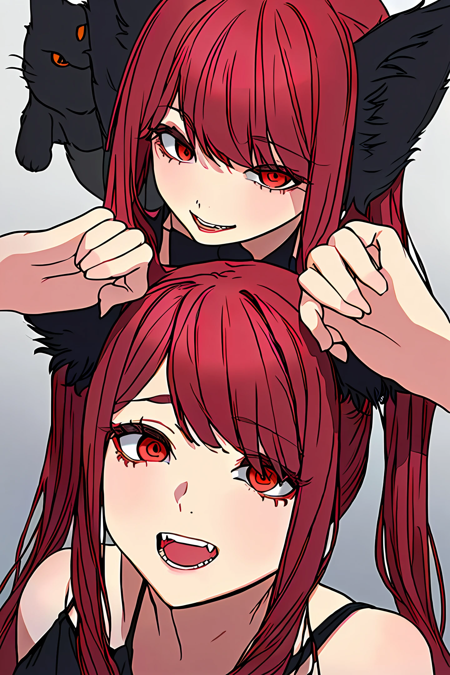 Small, Lori, Beautiful Girl, Red Hair, Half Twin Tails, Hanging Eyes, Black Cat Ears, Black Lace, Double Teeth, Two-Dimensional Illustration, Best Quality, Red Eyes