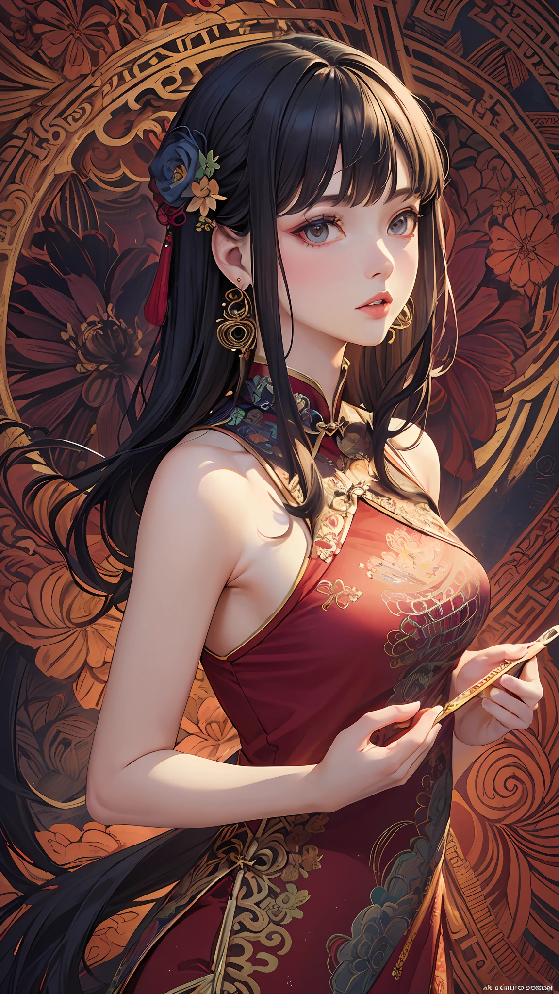 (masterpiece, top quality, best quality, official art, beautiful and aesthetic:1.2), (1girl:1.3), extremely detailed,(fractal art:1.1),(colorful:1.1)(flowers:1.3),highest detailed,(zentangle:1.2), (dynamic pose), (abstract background:1.3), (chinese dress:1.2), (shiny skin), (many colors:1.4), ,(earrings:1.4),