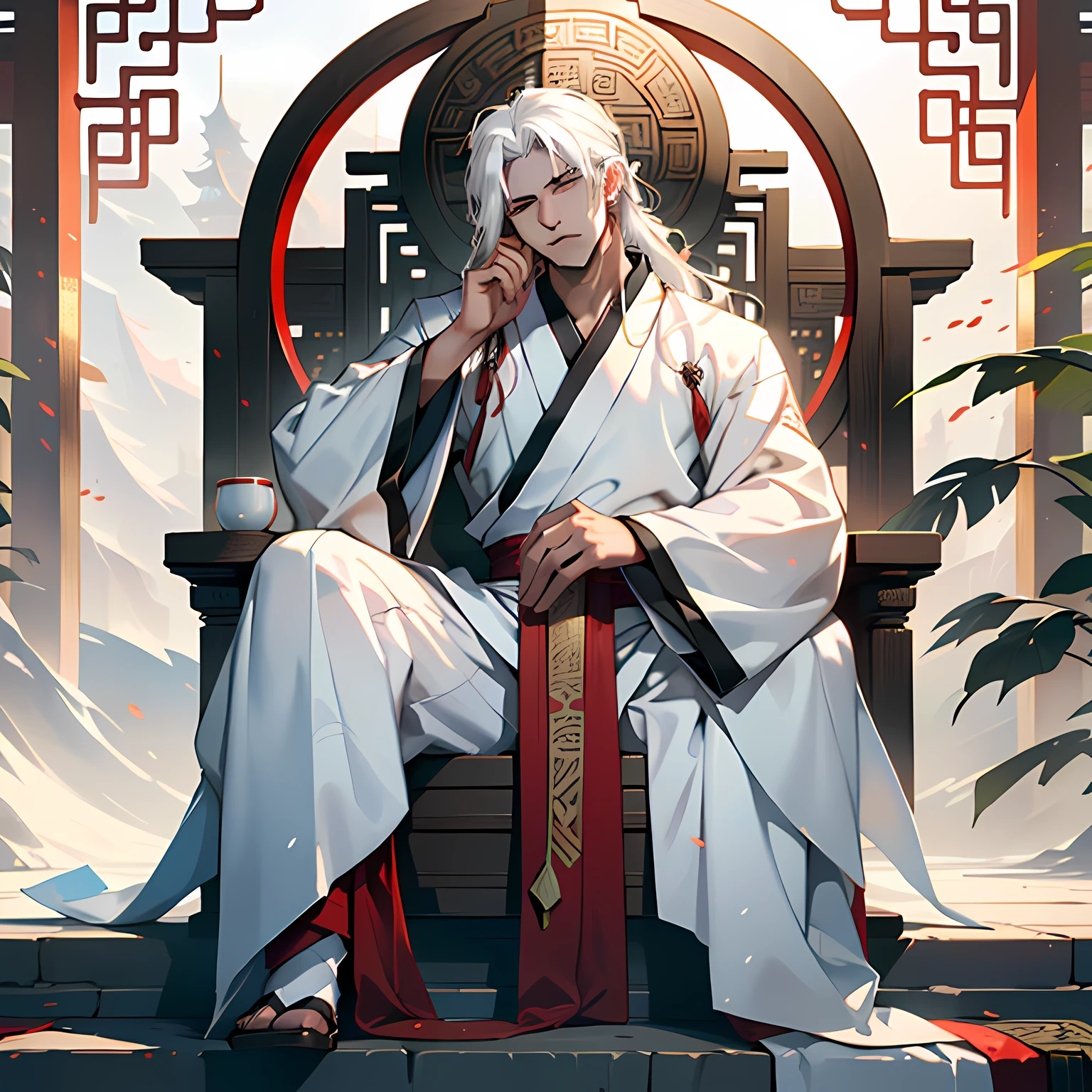 20. (1 person) ( (((white hair))),(((aboy))).((white Hanfu youth)), (((white hair)))(((black clothes))), (((Long white hair))), kingly air, gorgeous, handsome, outstanding temperamen, sits on the sacred throne, indifferent) (background: the sacred, resplendent palace hall of ancient China).