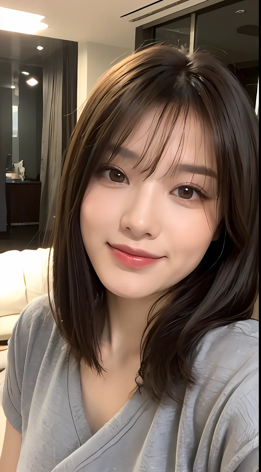 ((Best Quality, 8k, Masterpiece: 1.3)), Focus: 1.2, Perfect Body Beauty: 1.4, Buttocks: 1.2, ((Layered Haircut, Breasts: 1.2)), (Rain, Street: 1.3), Highly detailed face and skin texture, Fine eyes, Double eyelids, Whitened skin, Long hair, (Shut up: 1.3), smile, on the sofa, indoors