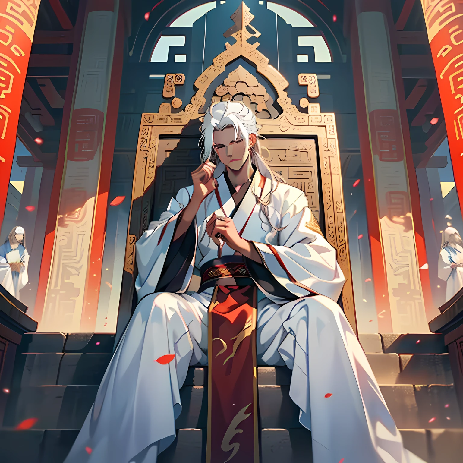 20. (1 person) ( (((white hair))),(((aboy))).((white Hanfu youth)), (((white hair)))(((black clothes))), (((Long white hair))), kingly air, gorgeous, handsome, outstanding temperamen, sits on the sacred throne, indifferent) (background: the sacred, resplendent palace hall of ancient China).