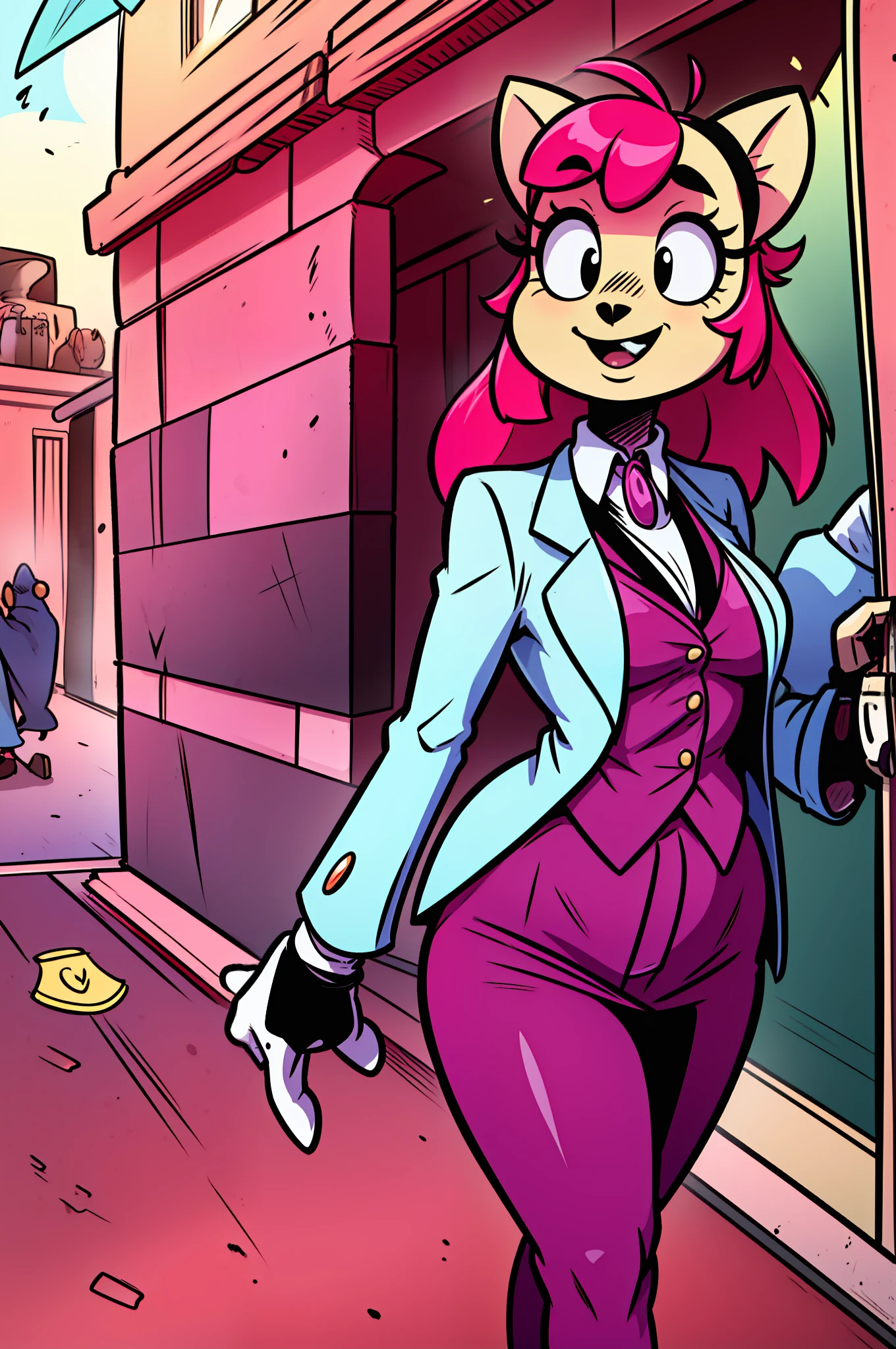 catgirl, furry, toon, cartoon, pink hair, walking,, lion tail, cat ears, animal nose, coat, vest, smile