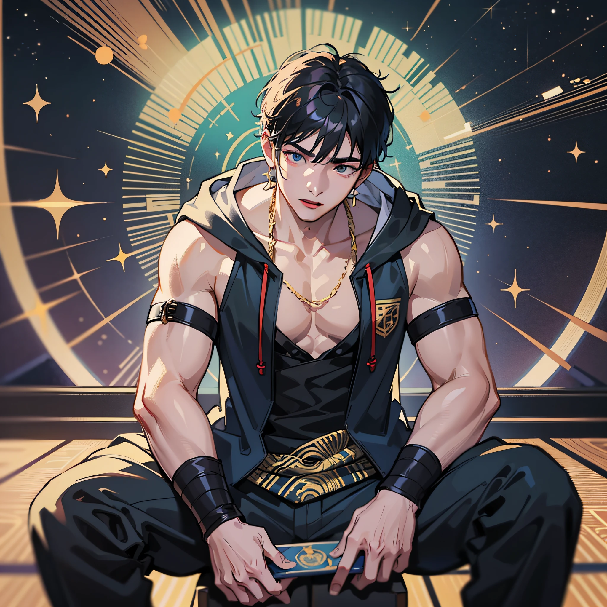 Muscular boy, masculine face, rugged, hoodie, king of rappers, pectoral muscles, abs, cool atmosphere, sitting, stocky stance, fashionista, stylish, colorful, individual. I'm the King of Cantonese Rap
If you sing a song, no one will beat you
Fluent Cantonese is my forte
Let's dance to the rhythm
The stars shine like dreams
Starry sky blooms brightly at the end of a quiet night
Kindness overflows in love
The boundary between whispering dreams and confusion
RAP in Cantonese is very sharp
Rhymes as beautiful as poetry
Express your attitude with a singing voice
Cantonese pride
Let me hear the rhythm of Cantonese
Control the beat of the stage
All lyrics are carefully designed
Surrender to the music and dance