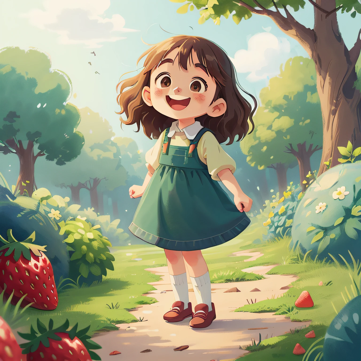 Happy child girl. Bucolic style. Women's children's clothing. Smooth color. Simple art. Ghibli studio style. Strawberry character style.