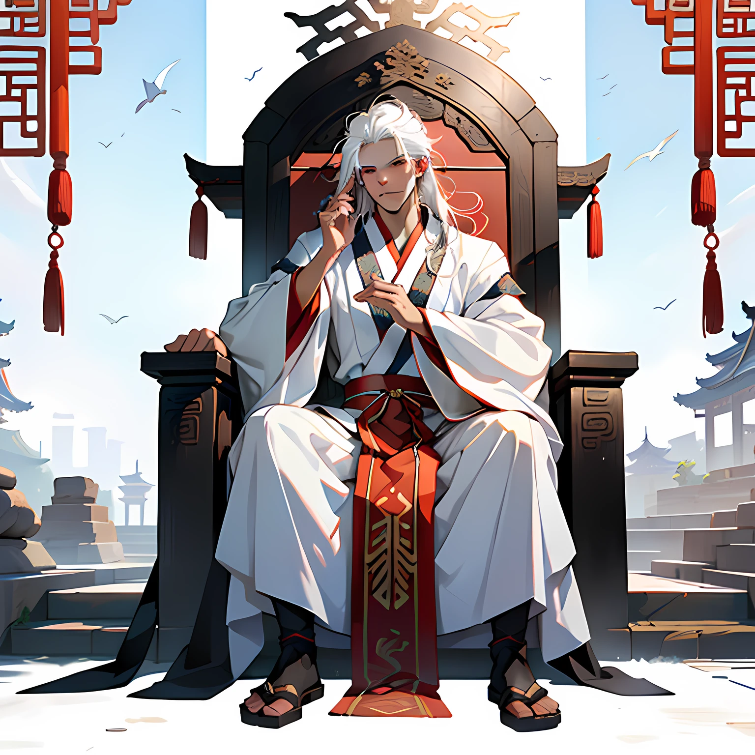 20. (1 person) ( (((white hair))),(((aboy))).((white Hanfu youth)), (((white hair)))(((black clothes))), (((Long white hair))), kingly air, gorgeous, handsome, outstanding temperamen, sits on the sacred throne, indifferent) (background: the sacred, resplendent palace hall of ancient China).