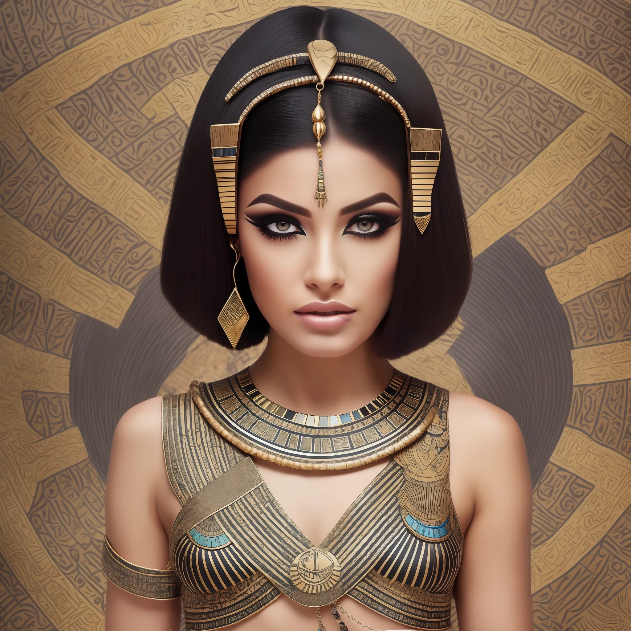 Outfit: A flowing white linen dress inspired by ancient Egyptian fashion, representing elegance and timelessness.
Props: An ankh, the ancient Egyptian symbol of life, and a papyrus scroll, representing Egypt's rich history and knowledge.
Makeup: Dramatic and bold eye makeup inspired by the iconic Cleopatra, reflecting Egypt's fascination with beauty and cosmetics.
Hairstyle: Sleek and stylized black bob haircut, paying homage to the iconic hairstyles ofDramatic and bold eye makeup inspired by the iconic Cleopatra, reflecting Egypt's fascination with beauty and