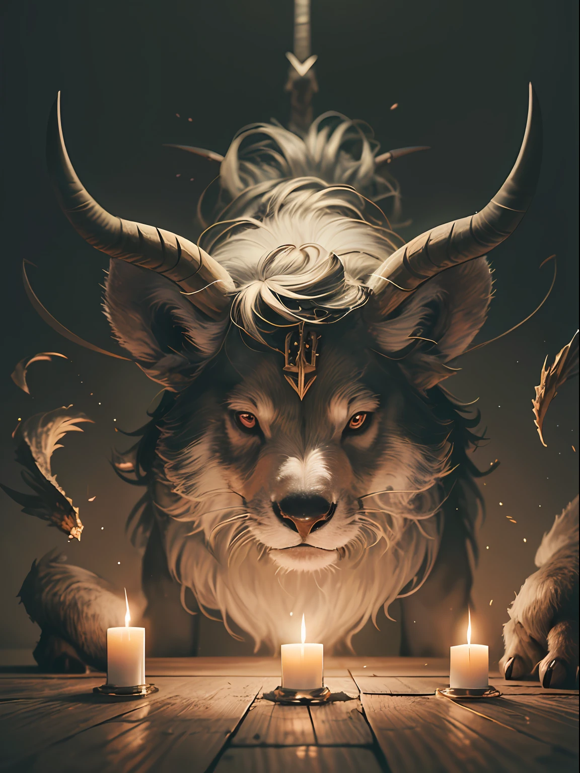 ((Minotaur)), full-length, dark room, candlelight, high detail, detailed fur, studio quality