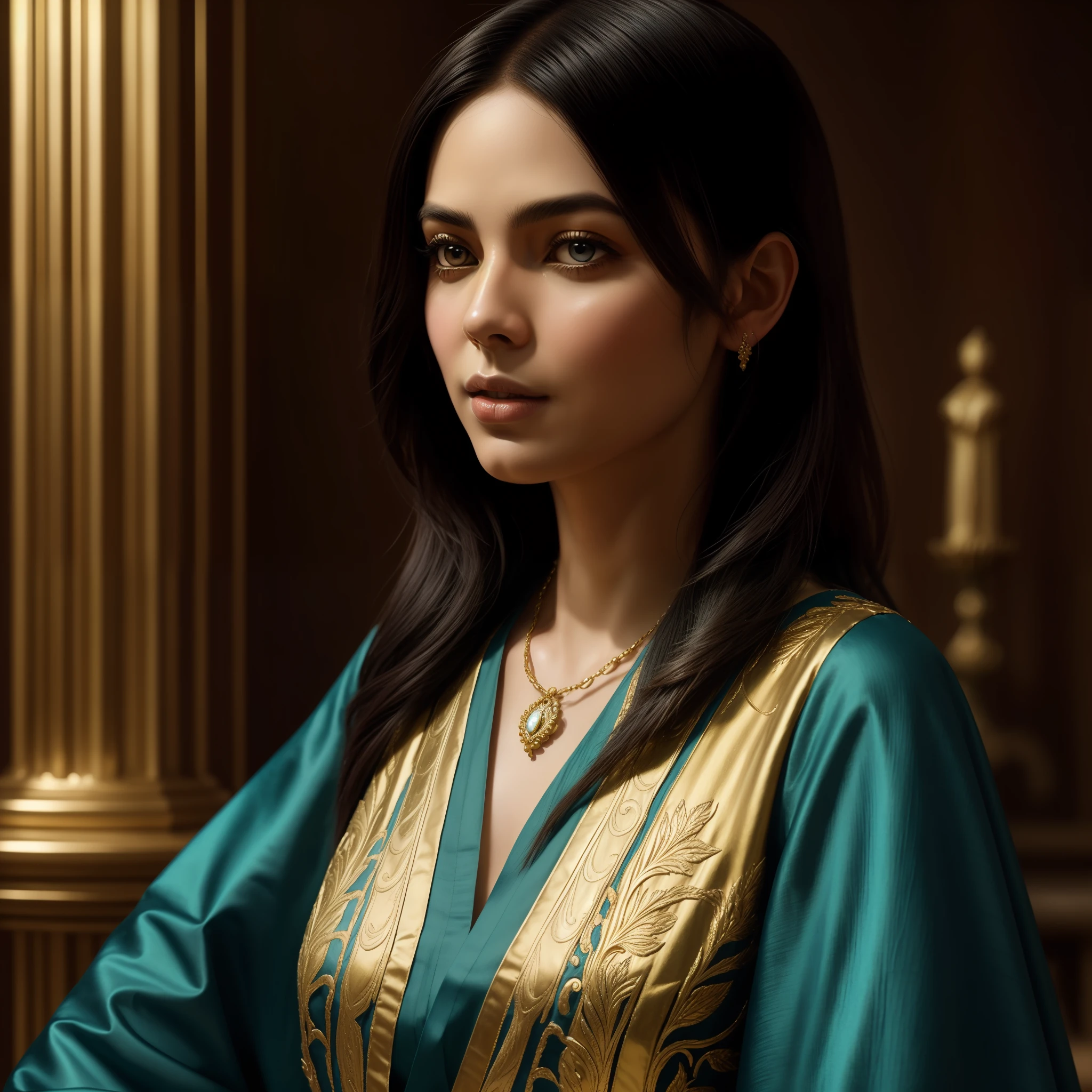 close up of an Indian warrior woman deity with black hair and a red mask, golden ornaments, silver trinkets,blood spatter,beautiful character,dark cyan tunic, yellow tunic, elegance, mystique, knowledge, dignified stance, intricate patterns, nature motifs, celestial motifs, deep contemplation, majestic cape, luxurious fabrics, swirling patterns, magical atmosphere, harmonious color palette, enchantment, wisdom. Tetradic, warm colors, best quality, masterpiece, high resolution, photorealistic, intricate, rich background painting,Andrew Atroshenko, artwork in the style of Andrew Atroshenko, black haired deity, byAlexandr Averin , epic exquisite character art, stunning character art, by Jules Bastien-Lepage,on pixiv artstation