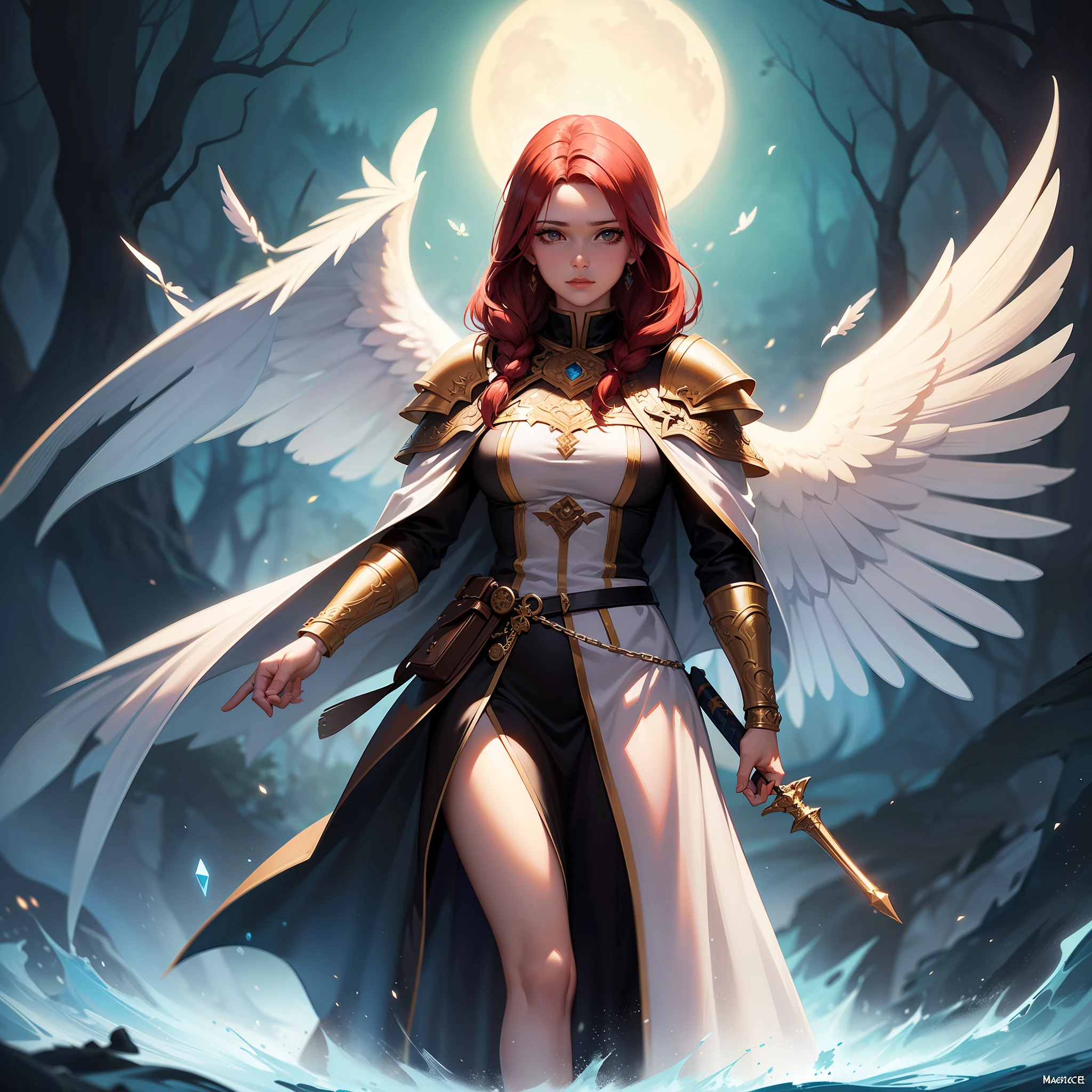 portrait of a female, busty, aasimar, spread white angelic wings, (dnd art, fantasy art, masterpiesce best quality), cleric, (dnd art, fantasy art, masterpiesce best quality), with a long red hair, braided (dnd art, fantasy art, Masterpiece, best quality) , heavy white plait mail arrmor , (dnd art, fantasy art, masterpiesce best quality) armed in the right hand with a long sword with runes (Masterpiece, best quality) casting a spell (dnd art, Masterpiece, best quality), wearing cloak (azure, flowing) , in a fantasy dark forest at night with a full moon background , (dnd art, fantasy art, Masterpiece, best quality)