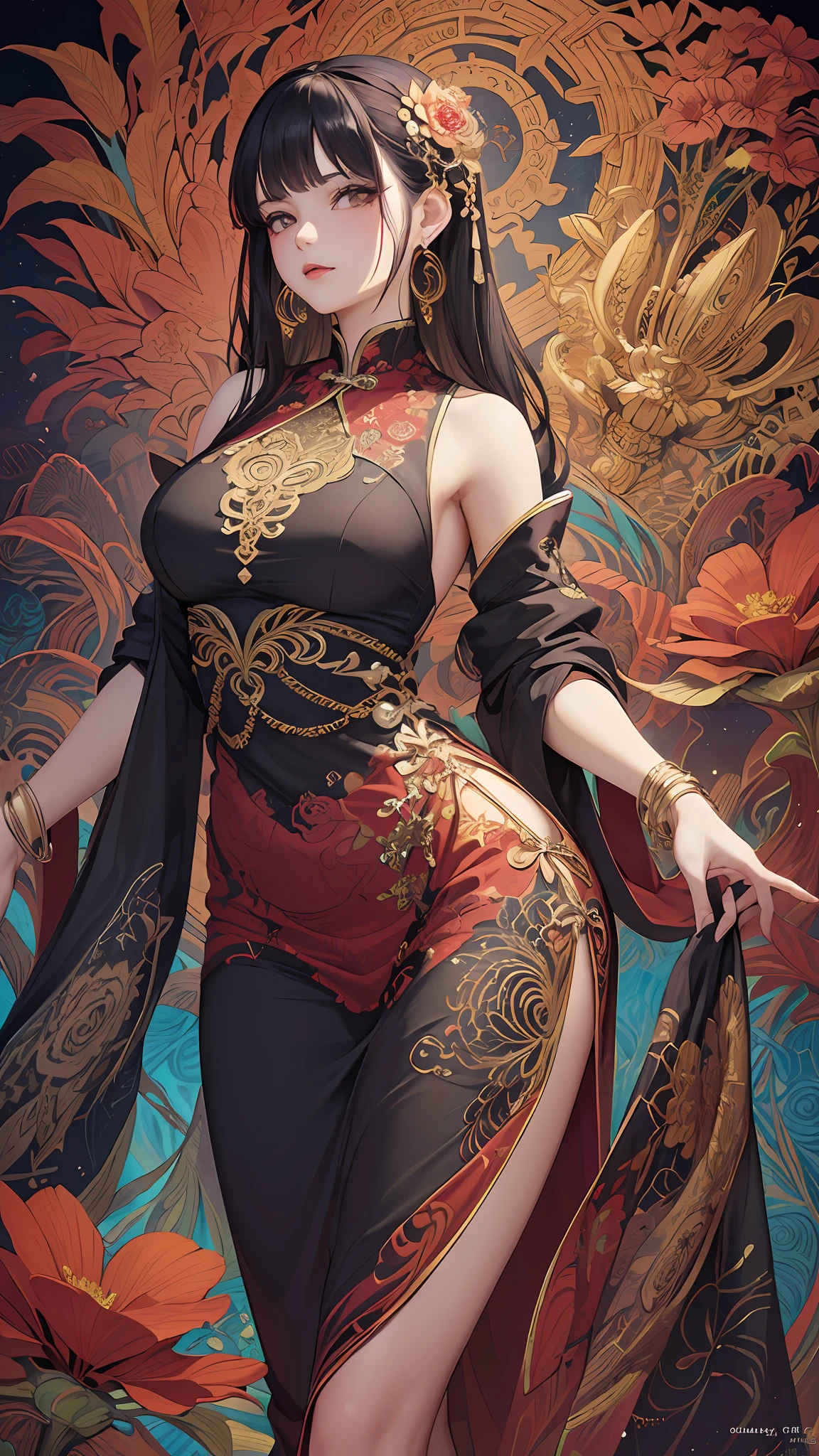 (masterpiece, top quality, best quality, official art, beautiful and aesthetic:1.2), (1girl:1.3), extremely detailed,(fractal art:1.1),(colorful:1.1)(flowers:1.3),highest detailed,(zentangle:1.2), (dynamic pose), (abstract background:1.3), (chinese dress:1.2), (shiny skin), (many colors:1.4), ,(earrings:1.4),