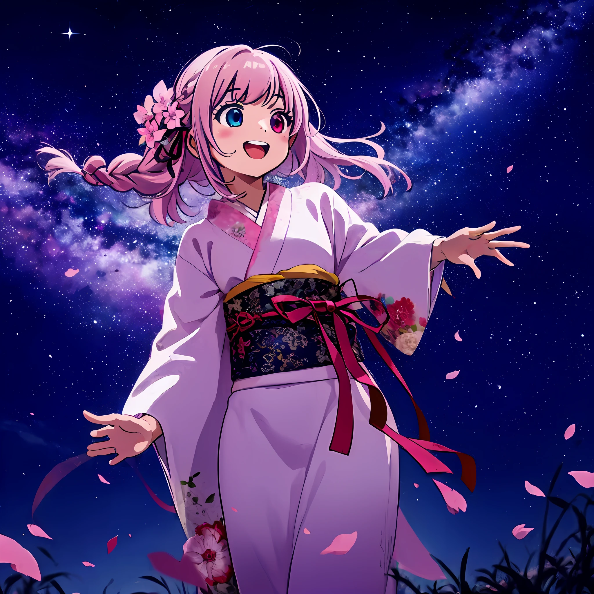 In the glowing meadow, one girl, Solo,,{heterochromia,pale blue eyes,pale green eyes:1.5}, silhouette of star eyes, standing figure, happy, :d, break ((pale pink hair, braid, semi-long hair, ribbon: 1.5)), thinning hair, break, big, red flower kimono, open mouth, looking up at the sky, Milky Way, bystander surrounded by enchanting sights. Break The vast open field comes to life with a soft glow, illuminating the surrounding landscape. (Dynamic Angle: 1.2), Break