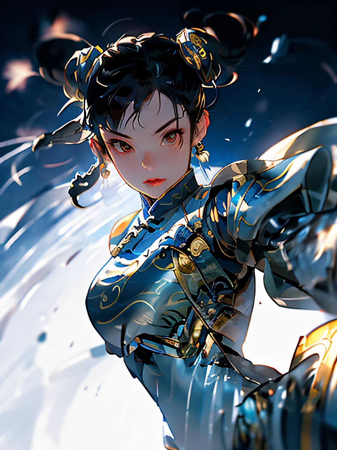 (Chun-Li Street Fighter: 1.5), spinning kick, solo, Chinese cityscape, detailed beautiful face, angle from below, masterpiece, 8K, (dynamic shot: 1_5), full body, symmetry, oil painting, Borminette lighting,