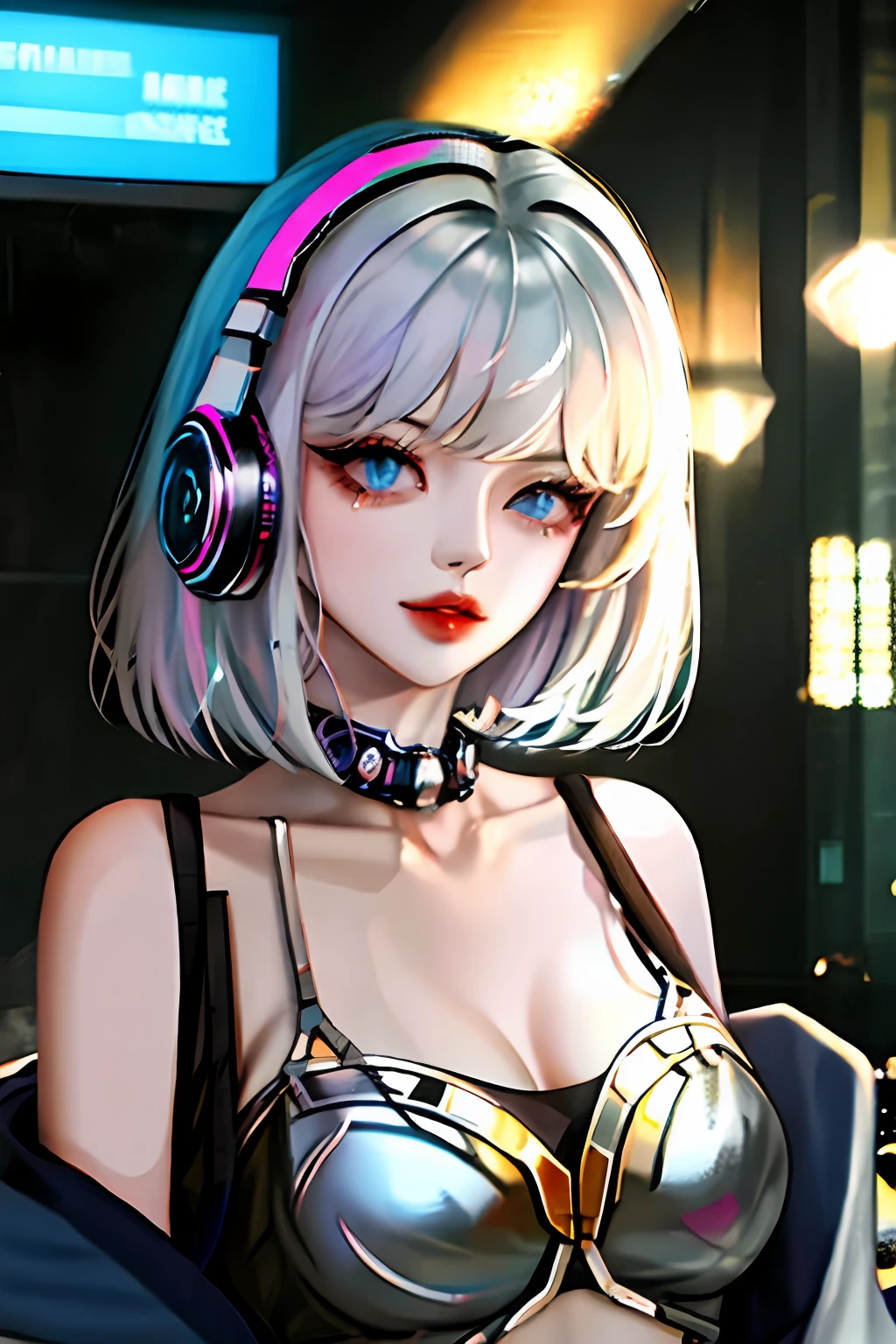1girl, bangs, white hair, blue eyes, fashi-girl, bob cut, short hair, cleavage, collarbone, open coat, mecha, cyberpunk, neon, big breasts, milf, shiny skin, rain, water drops, badass, seductive, mecha girl, nami, female emperor, red lips, side vision, shut up, headphones, movie lights