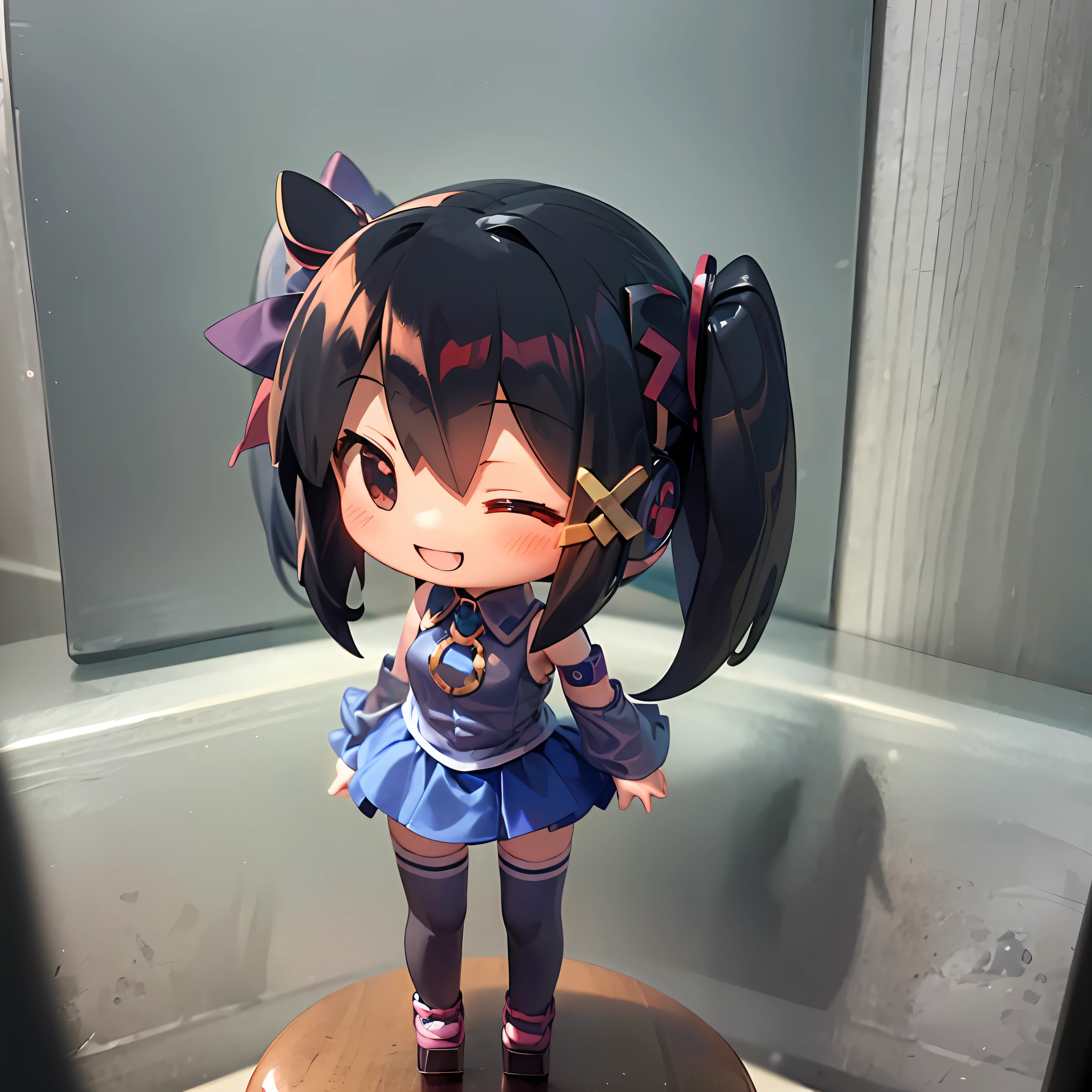 ((masterpiece)), ((((chibi anime)))), 1girl, solo ((((no background)))), xp-tan, black hair, xp hair ornament, detached sleeves, blue skirt, thighhighs(((nendroid))), one eye closed, smile, short cut, fu1fu,charcter doll,chibi