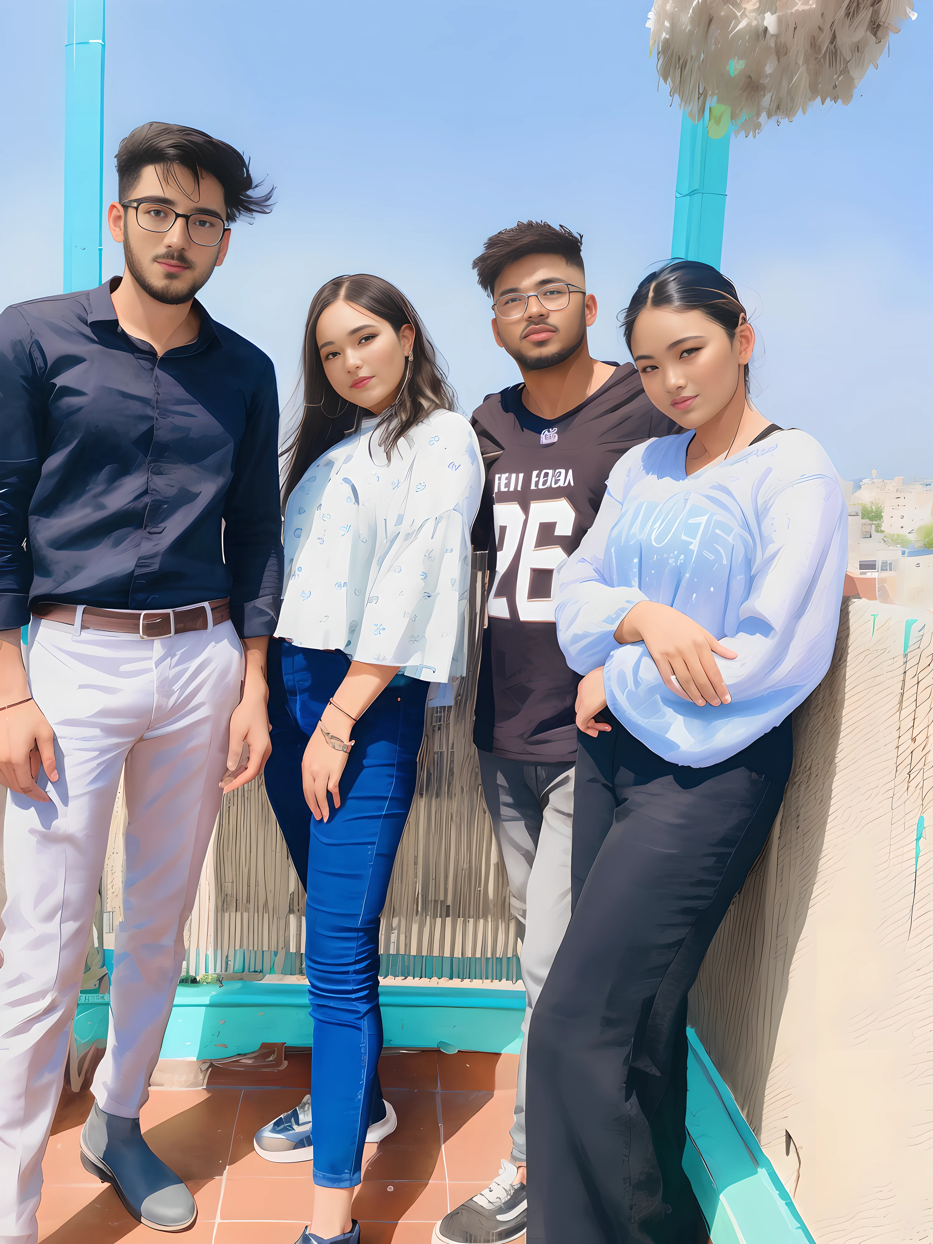 there are four people standing together on a balcony with a blue fence, on rooftop, edited, profile pic, photo taken in 2 0 2 0, standing on rooftop, standing on a rooftop, in a rooftop, on a rooftop, shot on nikon z9, shot on canon eos r 5, shot on canon eos r5, taken with a canon dslr camera
