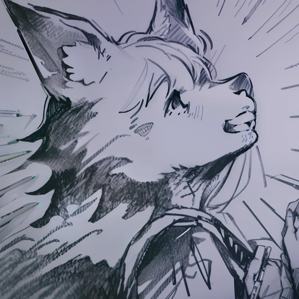 Drawing a wolf in pencil with saber teeth for a book