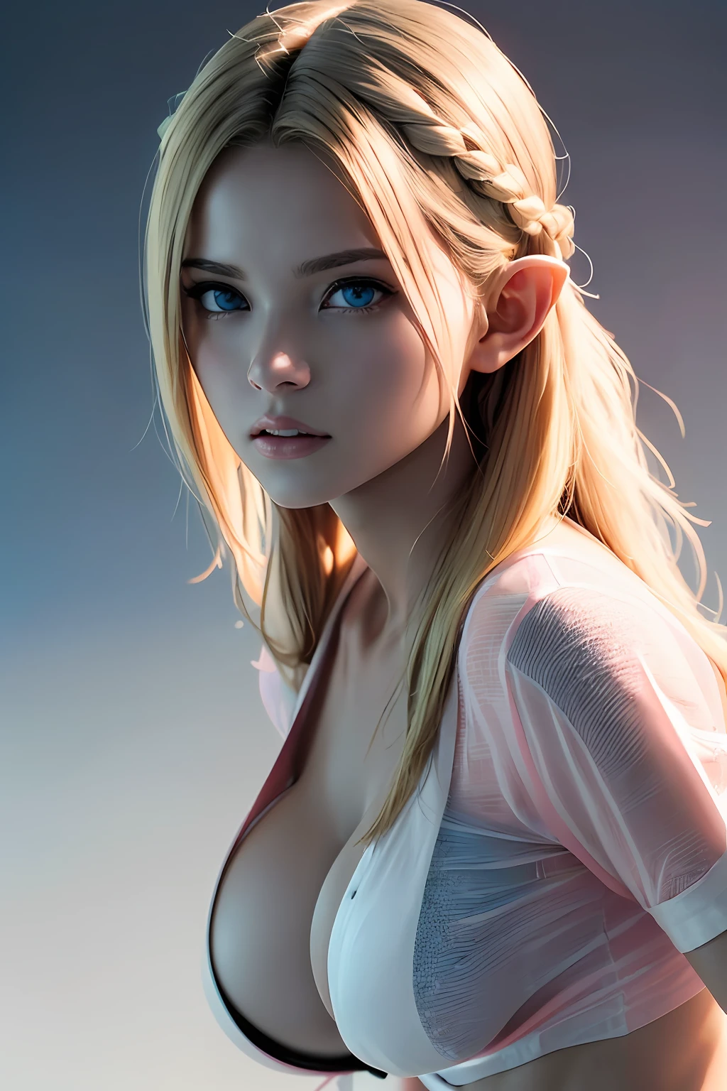 Super detailed complex 3D rendering of face, (big breasts: 8.8), (masterpiece, top quality, octane rendering,), glamour shots full body image, very beautiful young elf, cleavage, (very detailed skin: 1.2), (exposure: 1.1), cute woman getting naked. ((wearing a plummeting open shirt of white silk: 1.9, 40k, (((very soft breasts)), ((conspicuous large pink areola)). Beautiful Caucasian woman with black skin with full soft breasts and black skin of big ass, one, long braided hair, big breasts, dynamic angle, mystical expression, ultra-realistic photo, (((portrait)))), bare feet, futuristic city background, facial muscles, detailed and beautiful gold crown, in the style of Marvel Comics, ArtStation trends, clear focus, studio photography, intricate detail, highly detailed, detailed blue eyes, very detailed, sharp focus, digital rendering, professional, abs, dark grey background, ((blonde)), crotch, bare feet,
