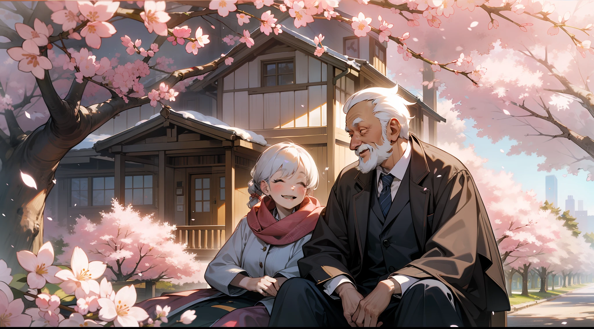 Upper body, vista, an old grandfather and an old grandmother, sitting together, smiling, snowflakes, cherry blossom trees, old house