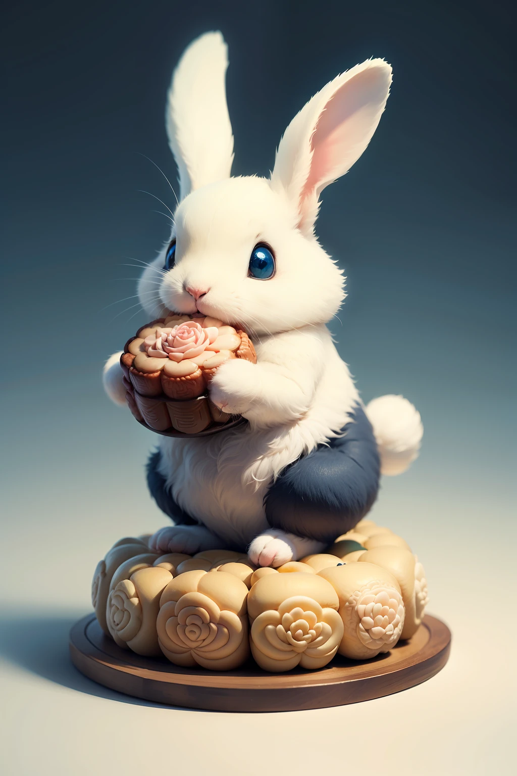 A little white rabbit holding a big mooncake, blue background, Pixar style, Chinese style