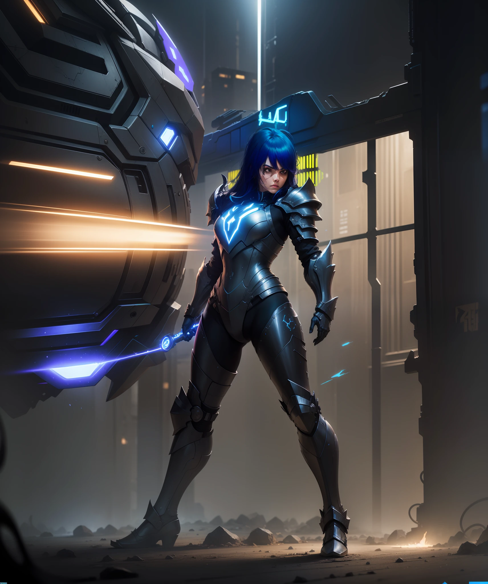 Heavy armor with neolights, dark shadows, intense light, futuristic background, metallic sheen, powerful pose, technological details